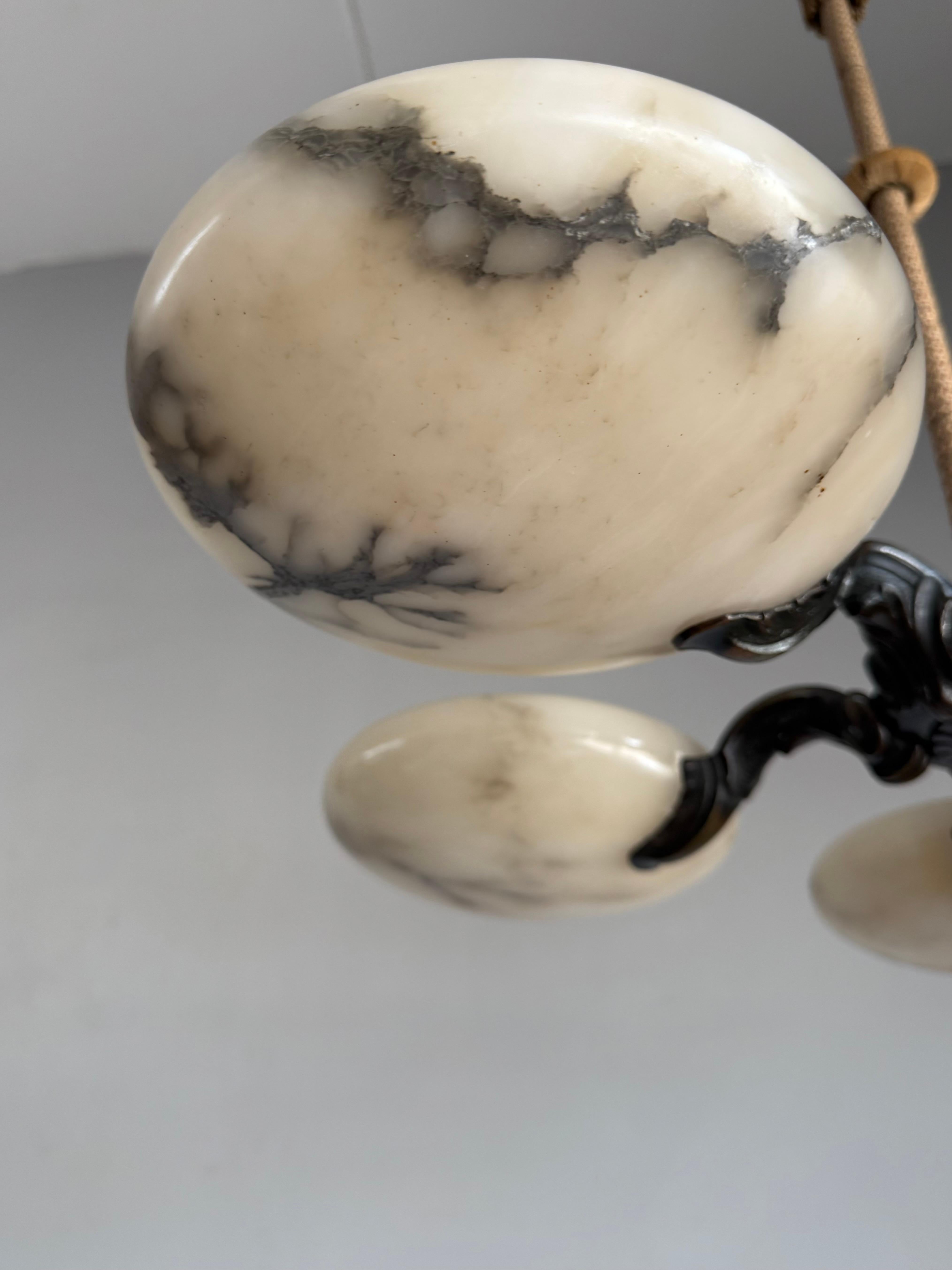 Great Art Deco Bronze Chandelier / Pendant Light w. Five Unique Alabaster Shades For Sale 3