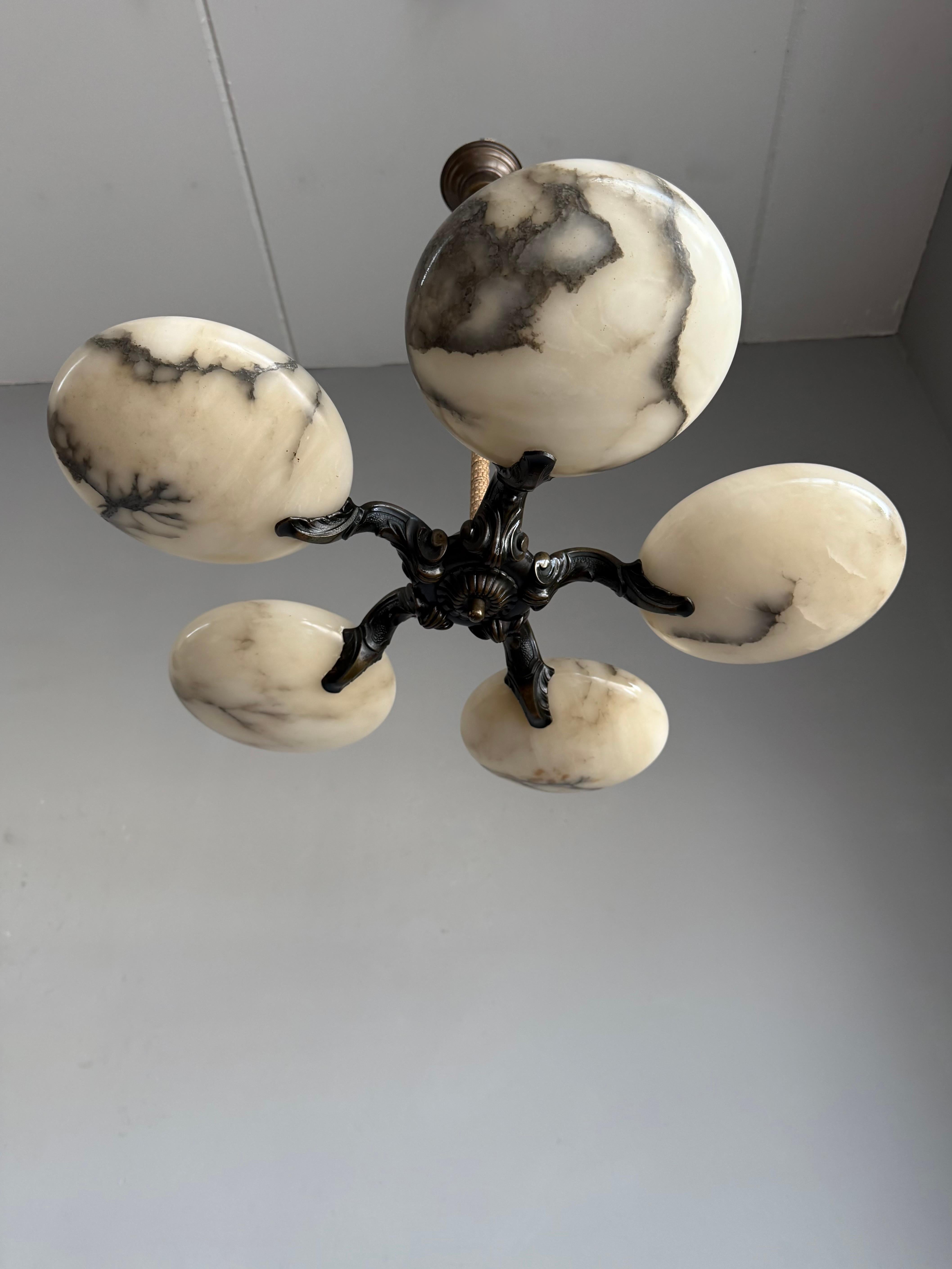 Great Art Deco Bronze Chandelier / Pendant Light w. Five Unique Alabaster Shades For Sale 4