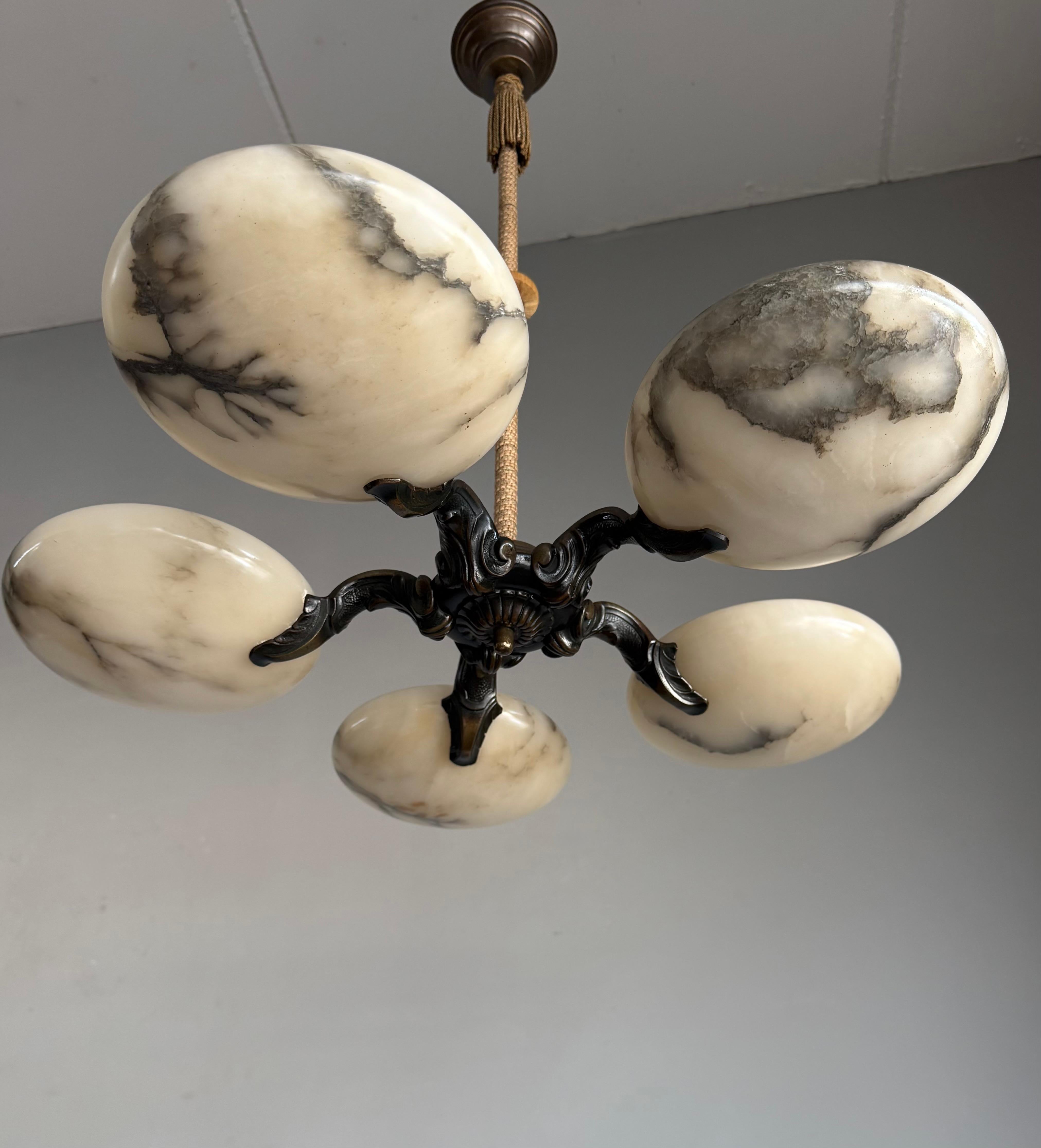 Great Art Deco Bronze Chandelier / Pendant Light w. Five Unique Alabaster Shades For Sale 6