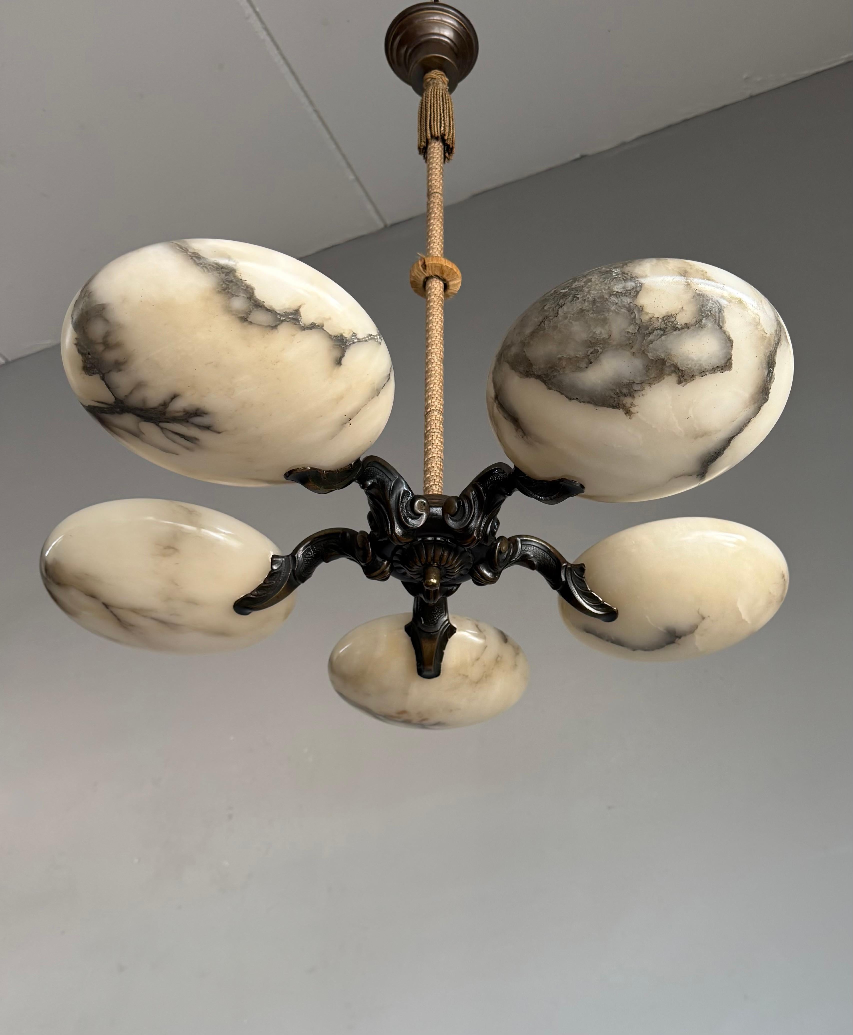 Great Art Deco Bronze Chandelier / Pendant Light w. Five Unique Alabaster Shades For Sale 7