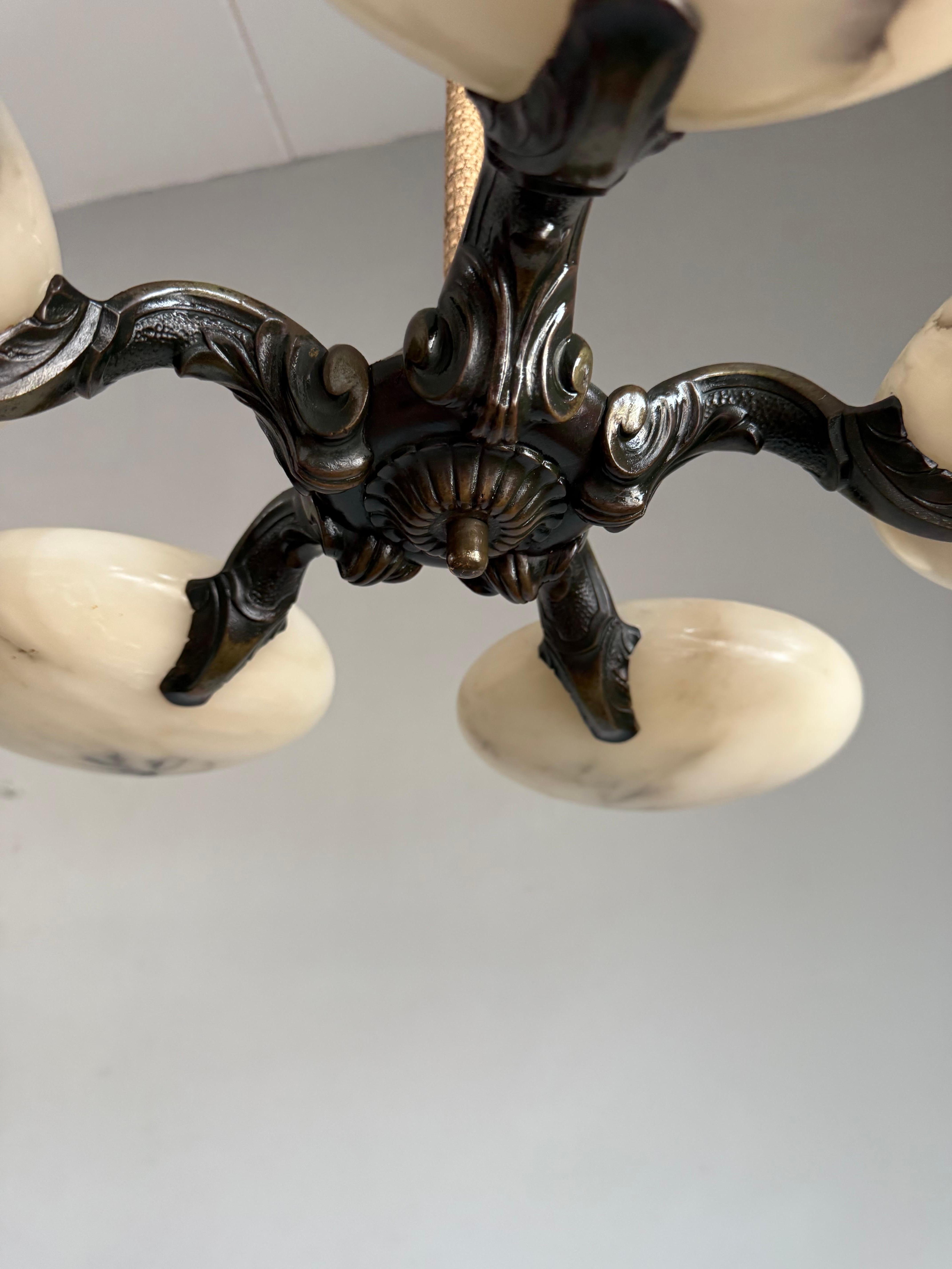 Great Art Deco Bronze Chandelier / Pendant Light w. Five Unique Alabaster Shades For Sale 8