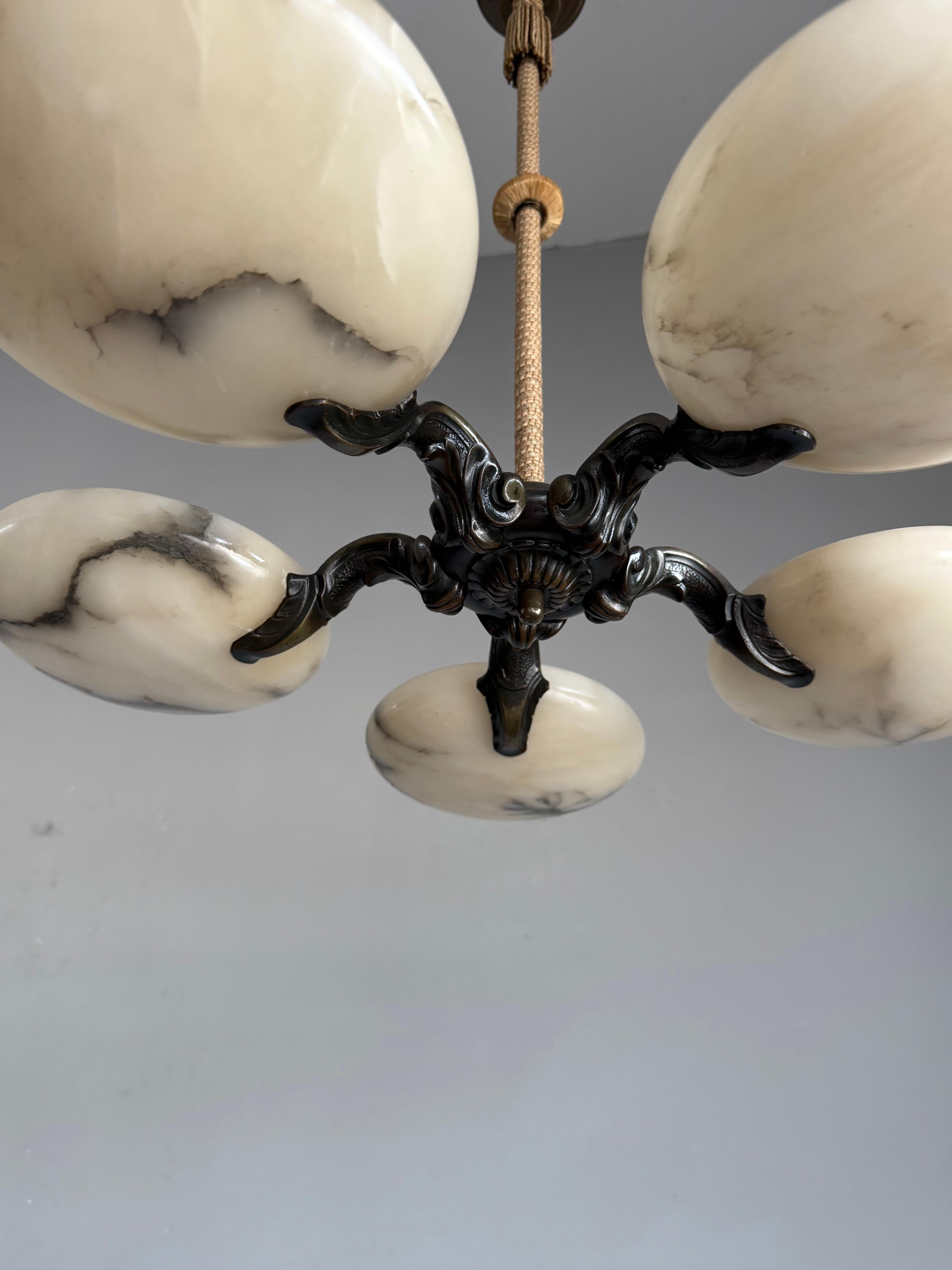 Great Art Deco Bronze Chandelier / Pendant Light w. Five Unique Alabaster Shades For Sale 9
