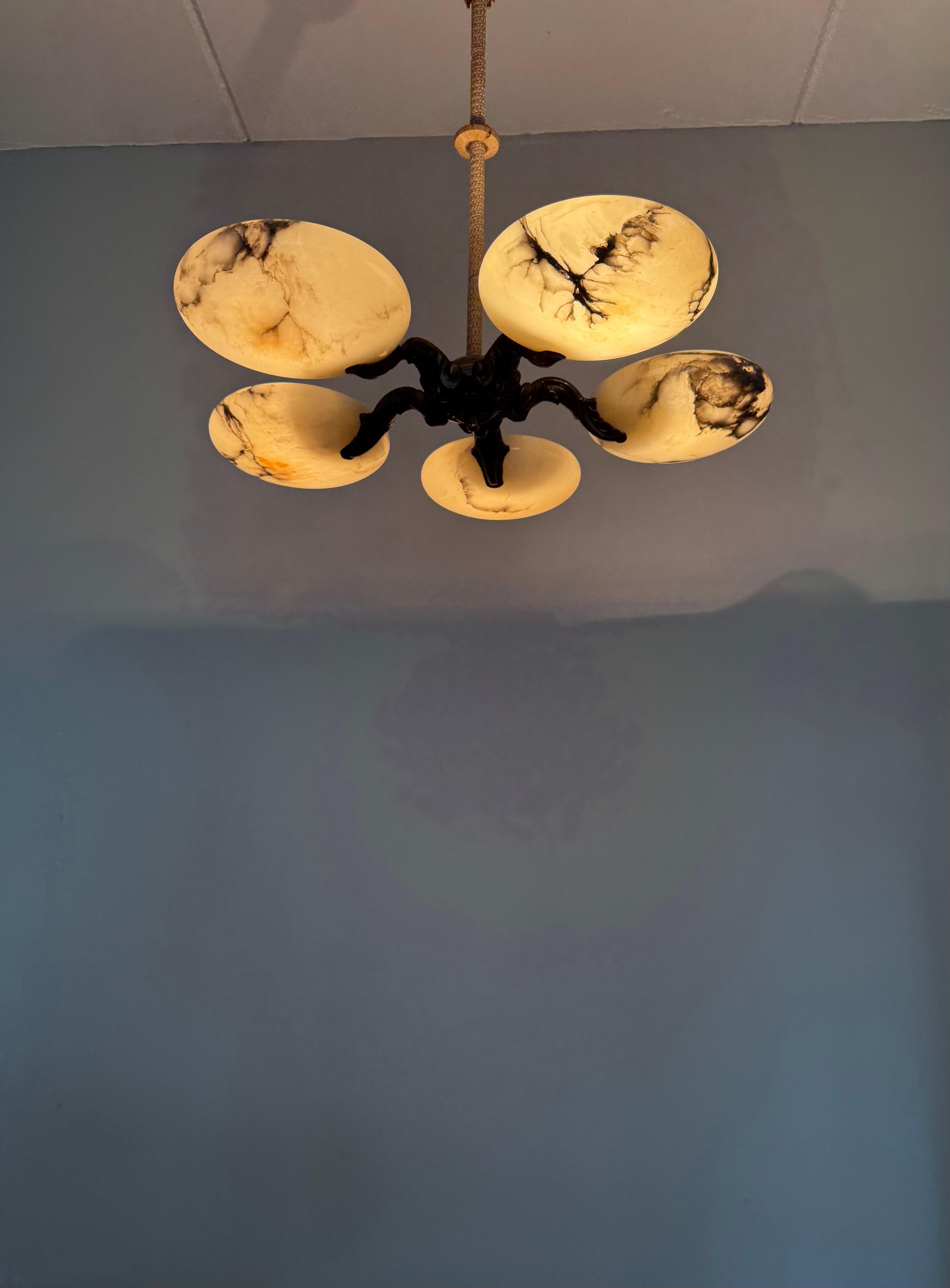 Great Art Deco Bronze Chandelier / Pendant Light w. Five Unique Alabaster Shades For Sale 10