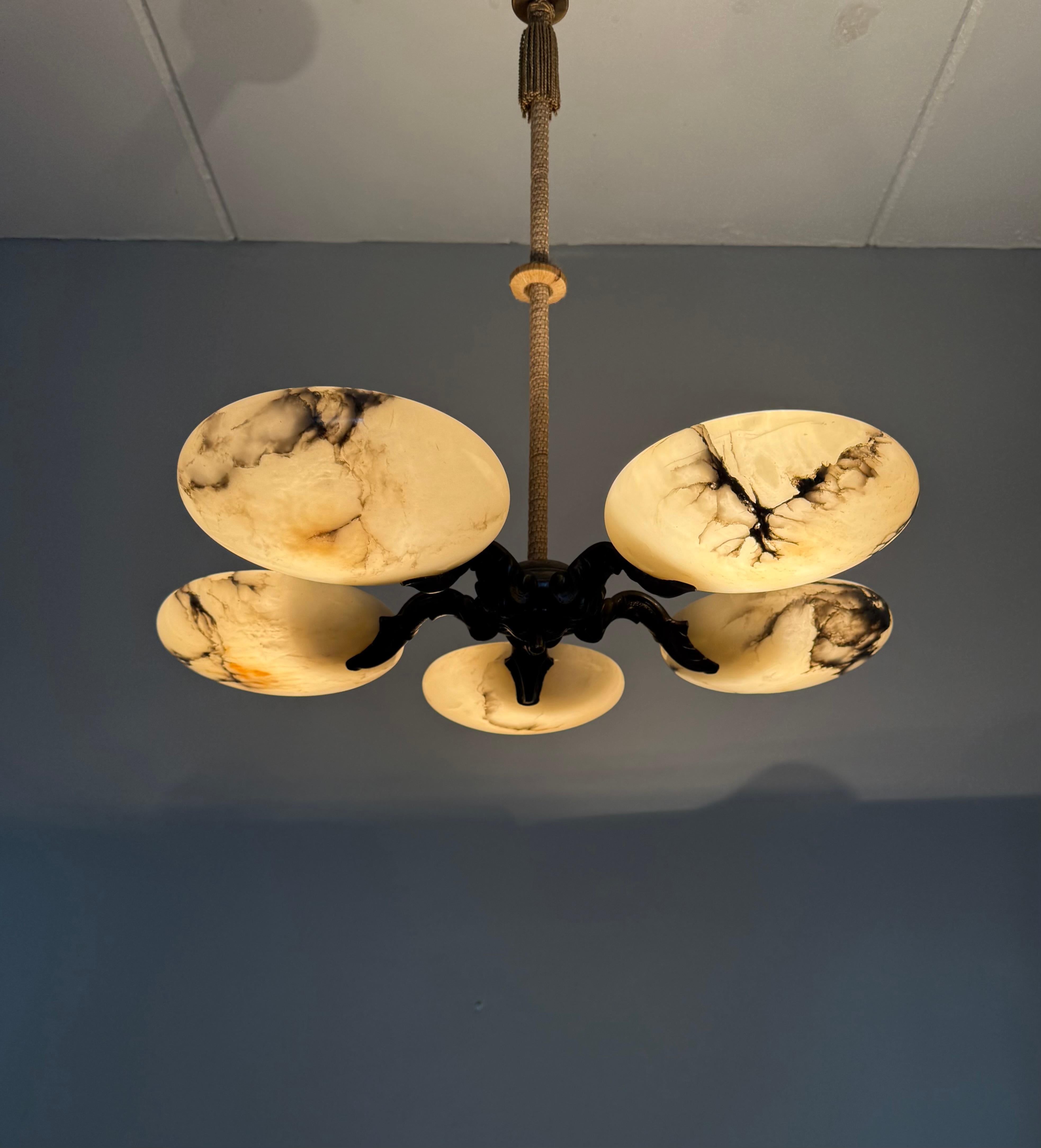 Great Art Deco Bronze Chandelier / Pendant Light w. Five Unique Alabaster Shades For Sale 12