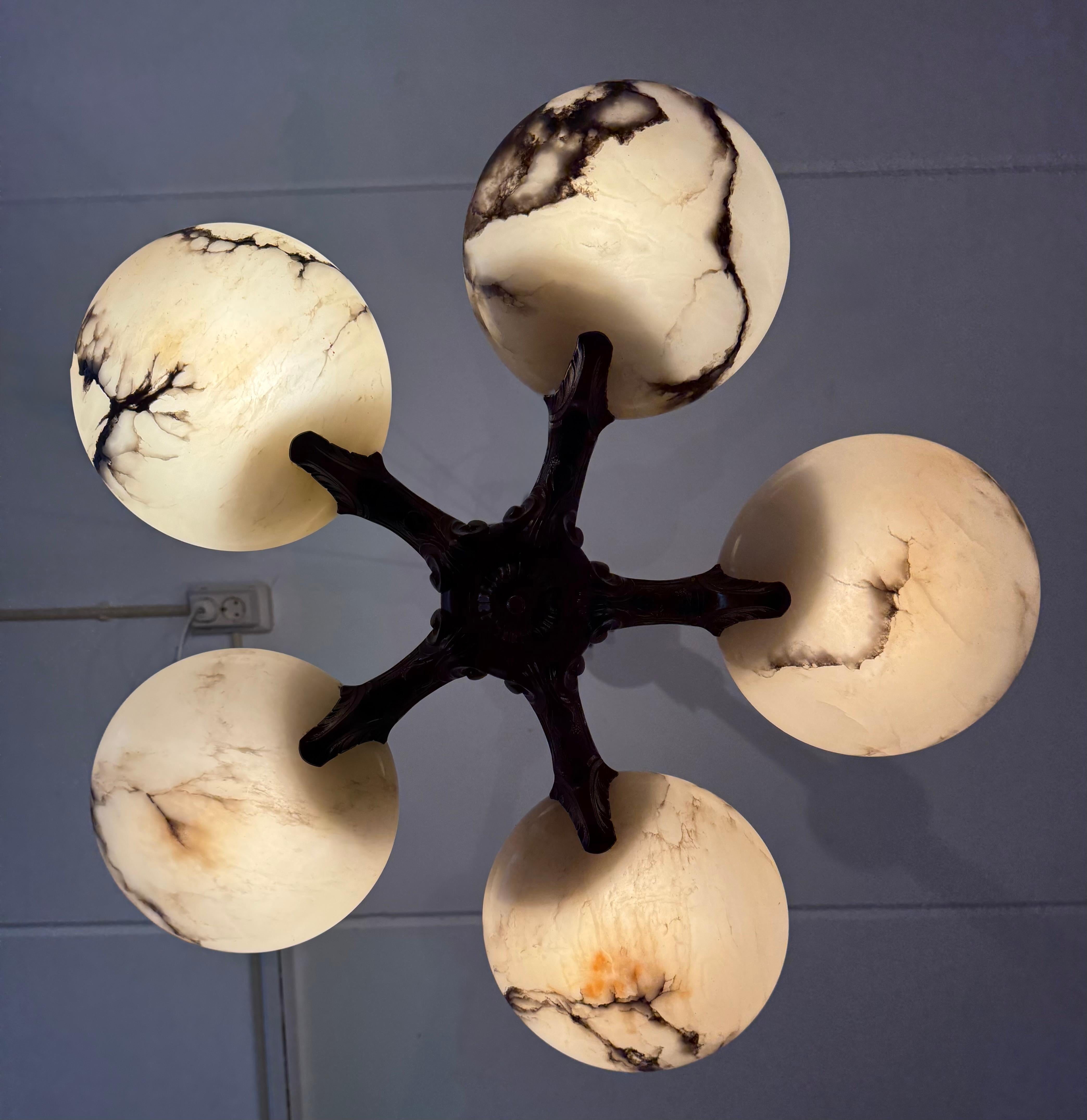 Great Art Deco Bronze Chandelier / Pendant Light w. Five Unique Alabaster Shades For Sale 13