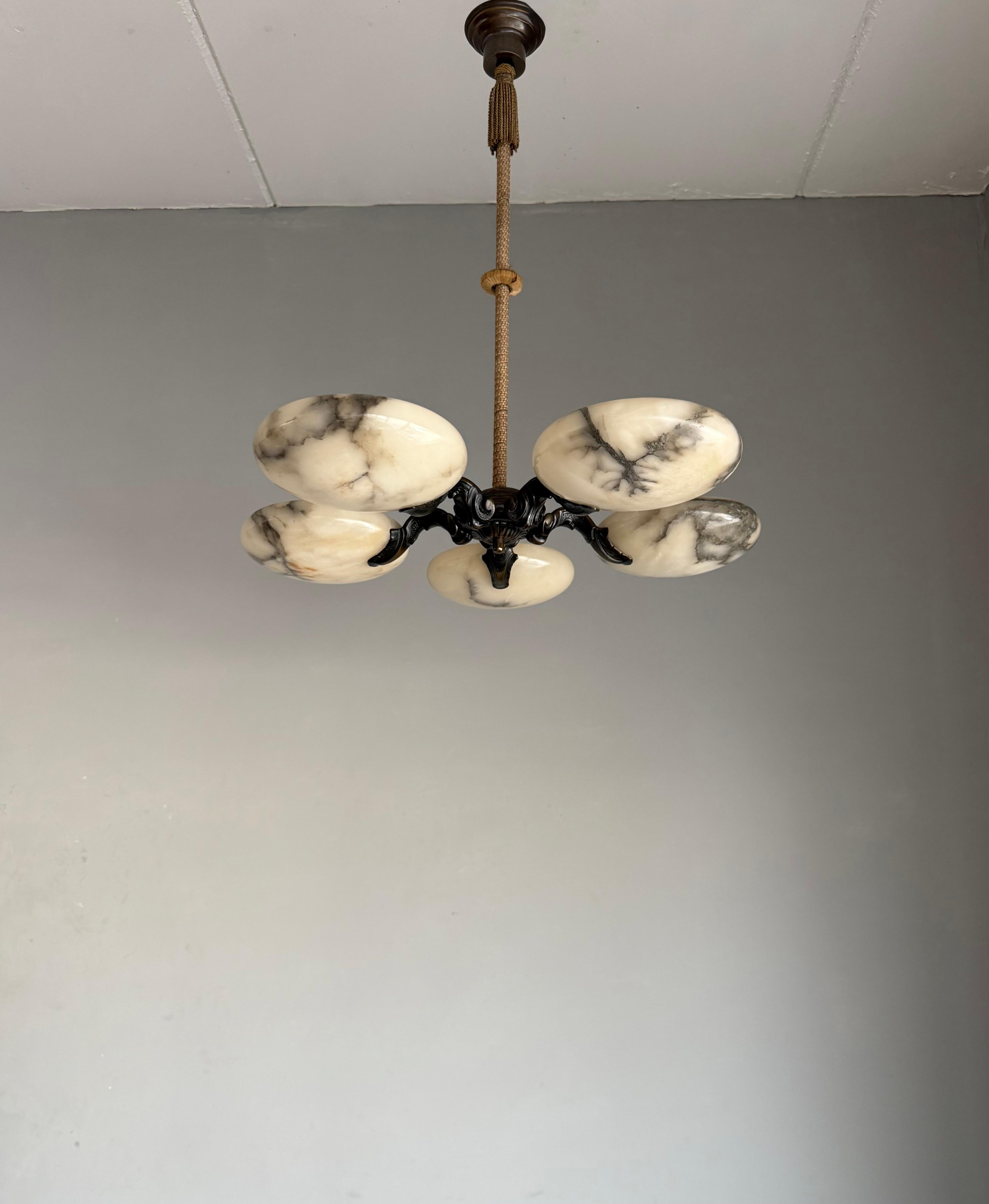European Great Art Deco Bronze Chandelier / Pendant Light w. Five Unique Alabaster Shades For Sale