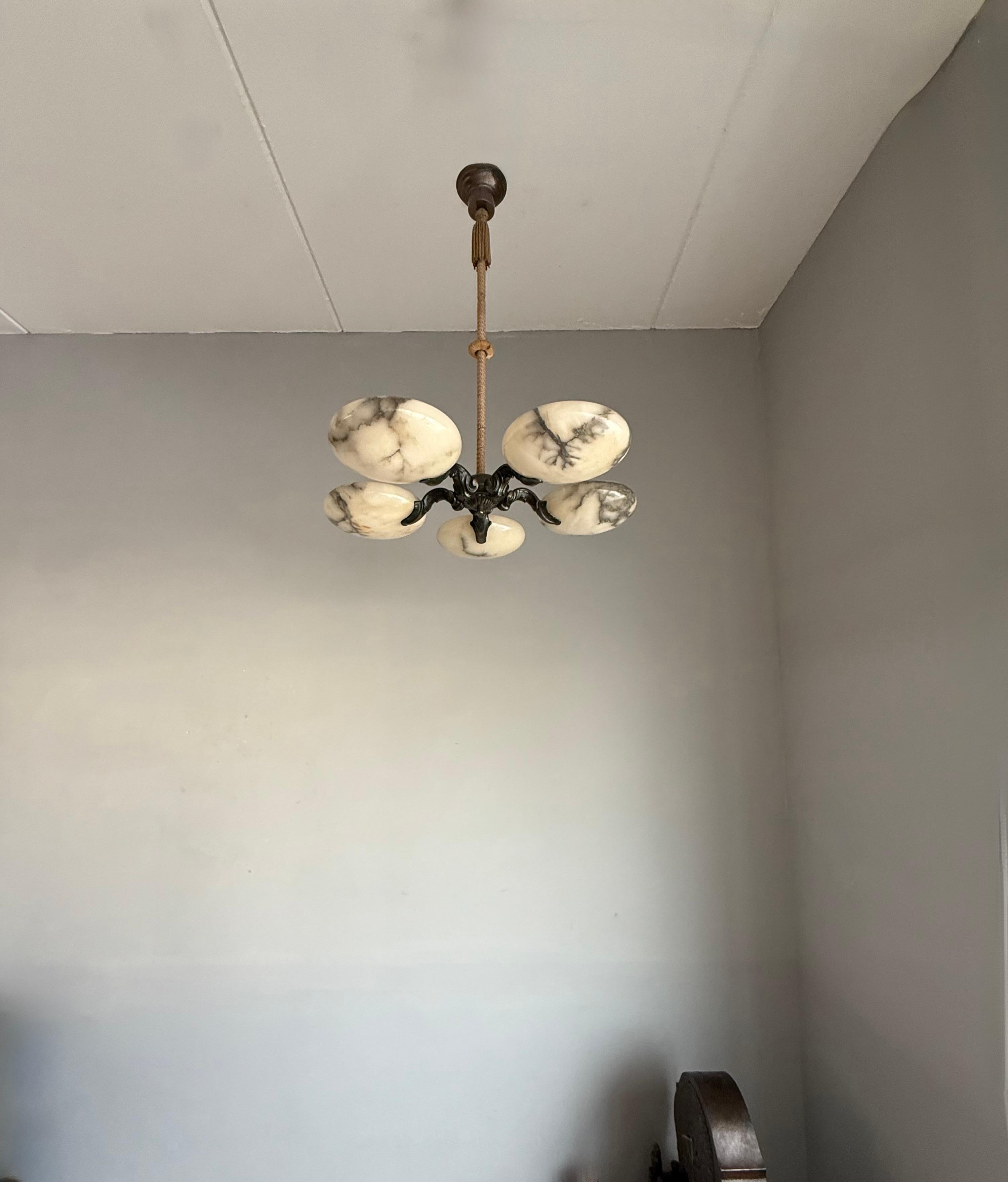 Cast Great Art Deco Bronze Chandelier / Pendant Light w. Five Unique Alabaster Shades For Sale
