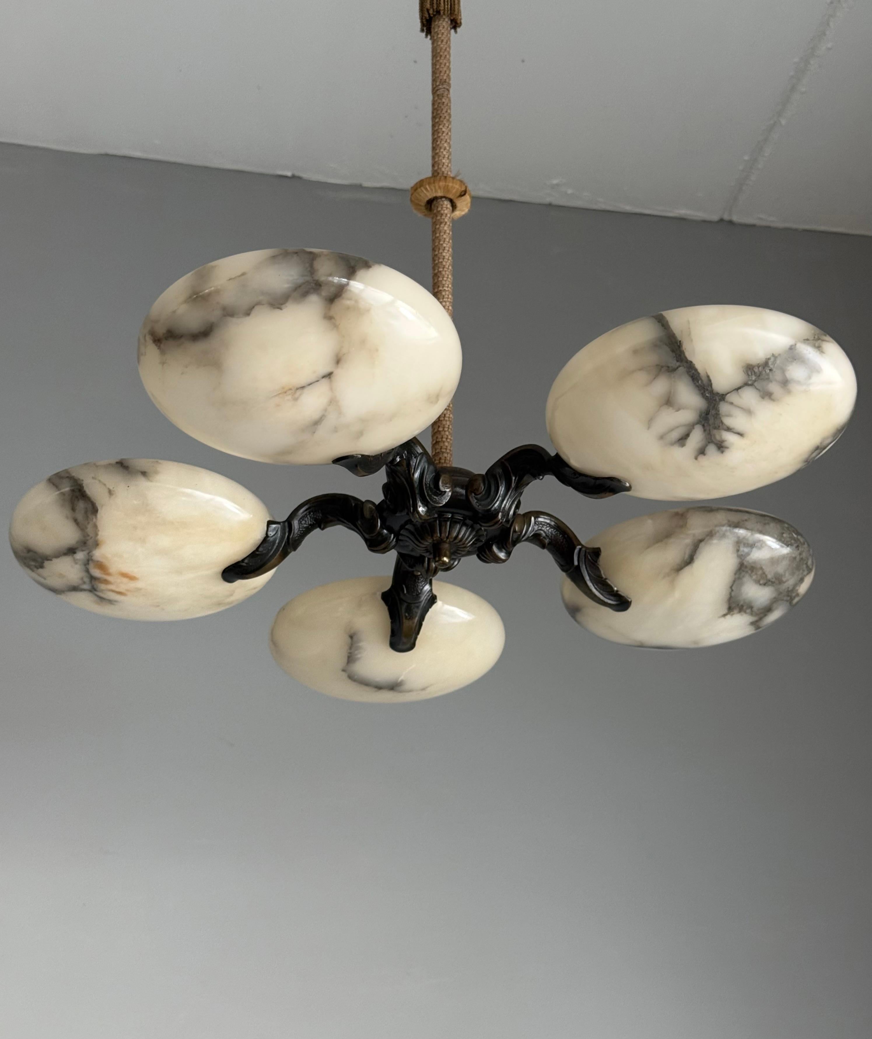 20th Century Great Art Deco Bronze Chandelier / Pendant Light w. Five Unique Alabaster Shades For Sale