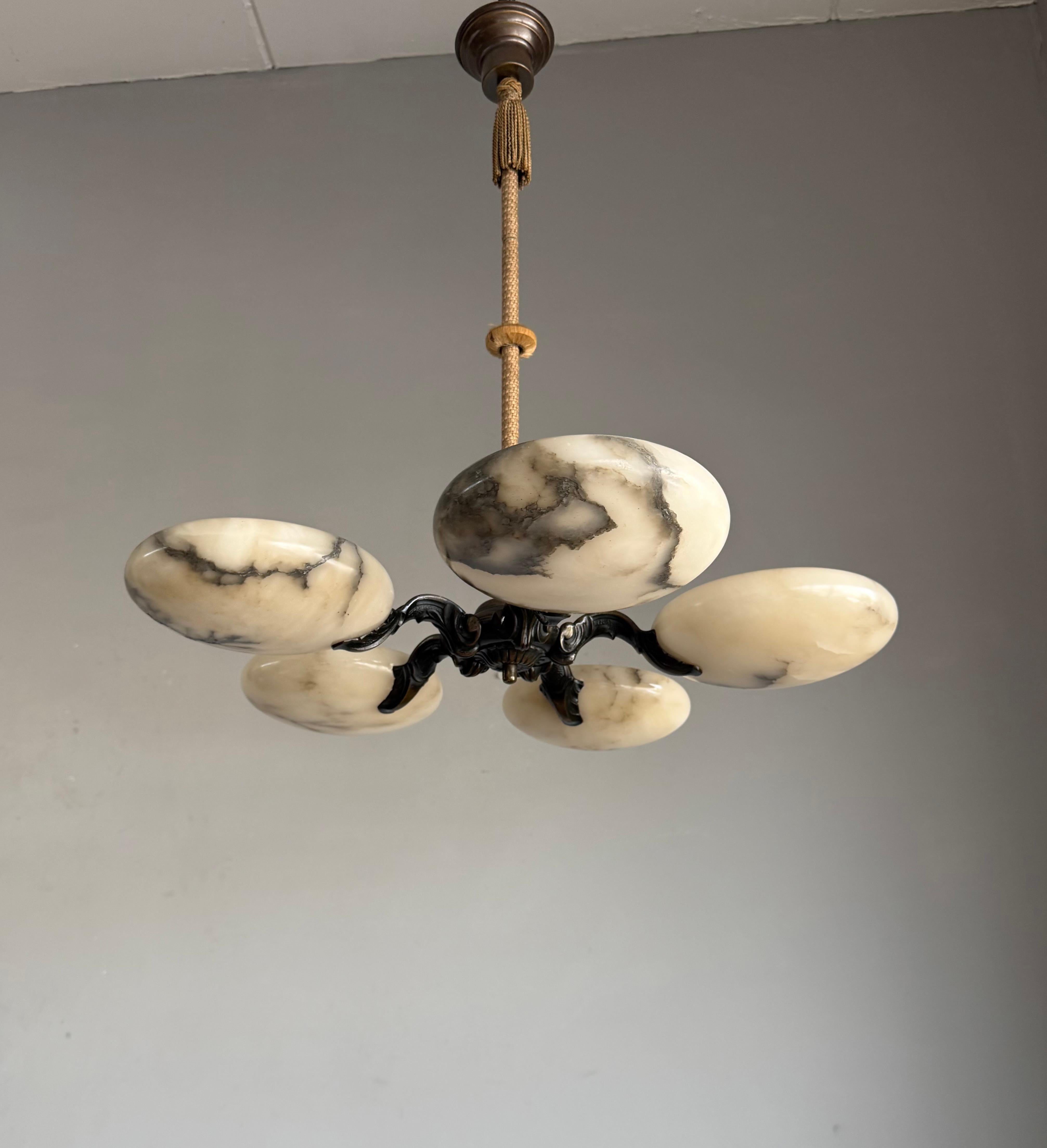 Brass Great Art Deco Bronze Chandelier / Pendant Light w. Five Unique Alabaster Shades For Sale