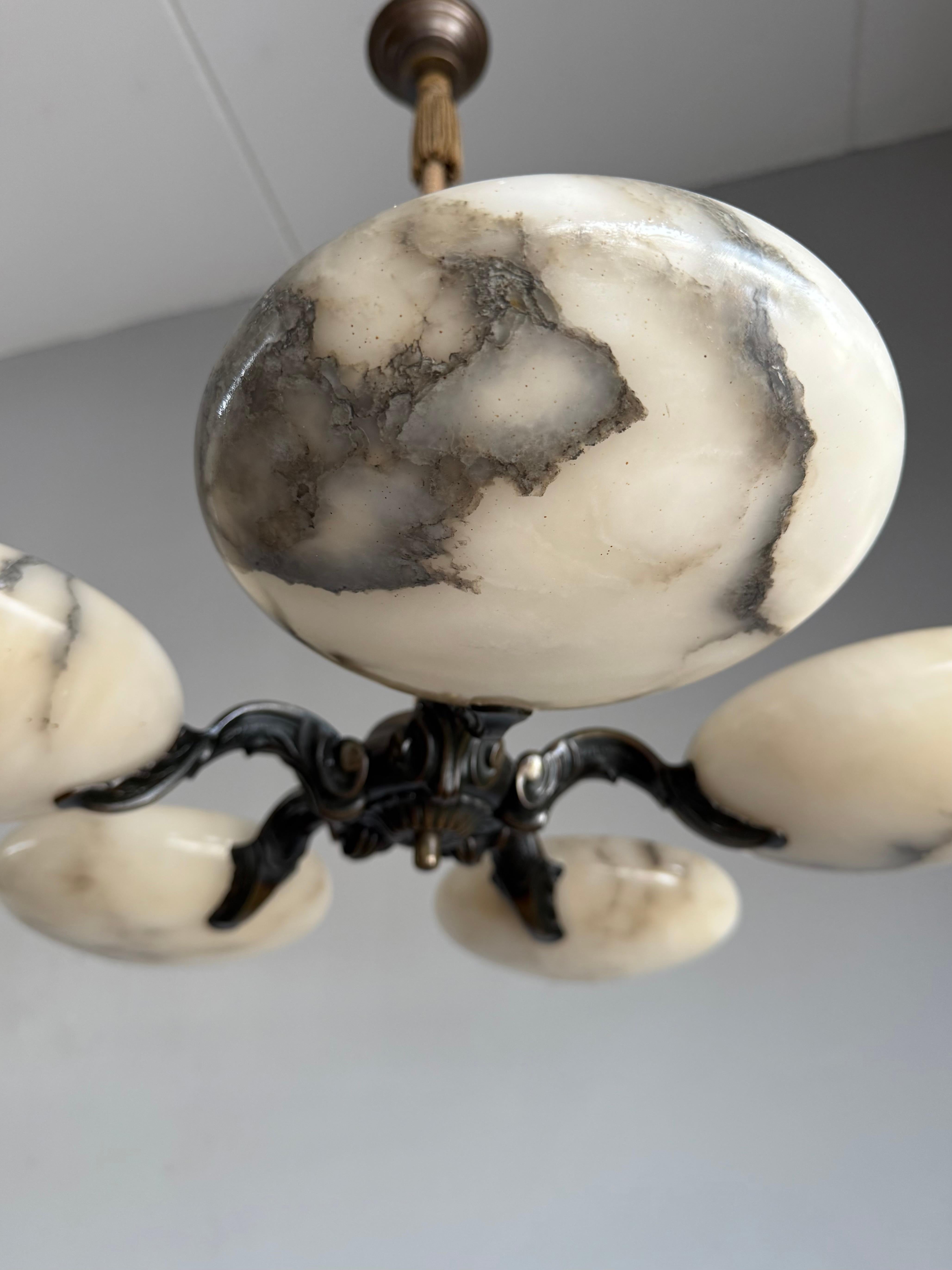 Great Art Deco Bronze Chandelier / Pendant Light w. Five Unique Alabaster Shades For Sale 2