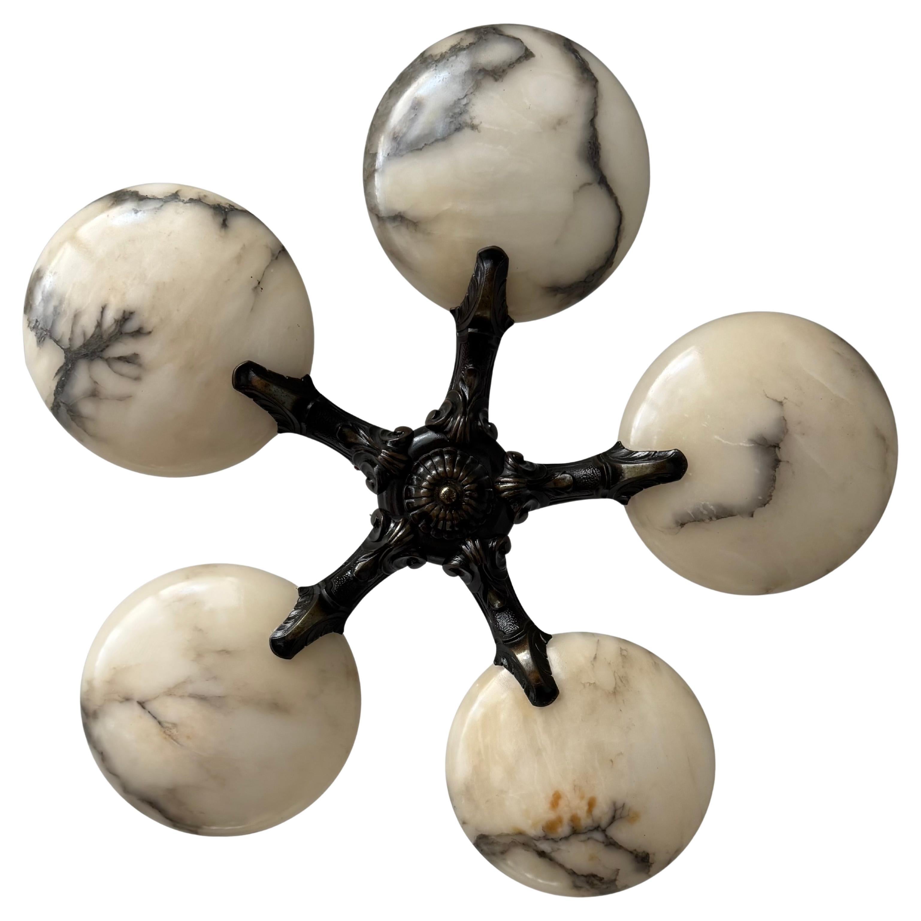 Great Art Deco Bronze Chandelier / Pendant Light w. Five Unique Alabaster Shades For Sale