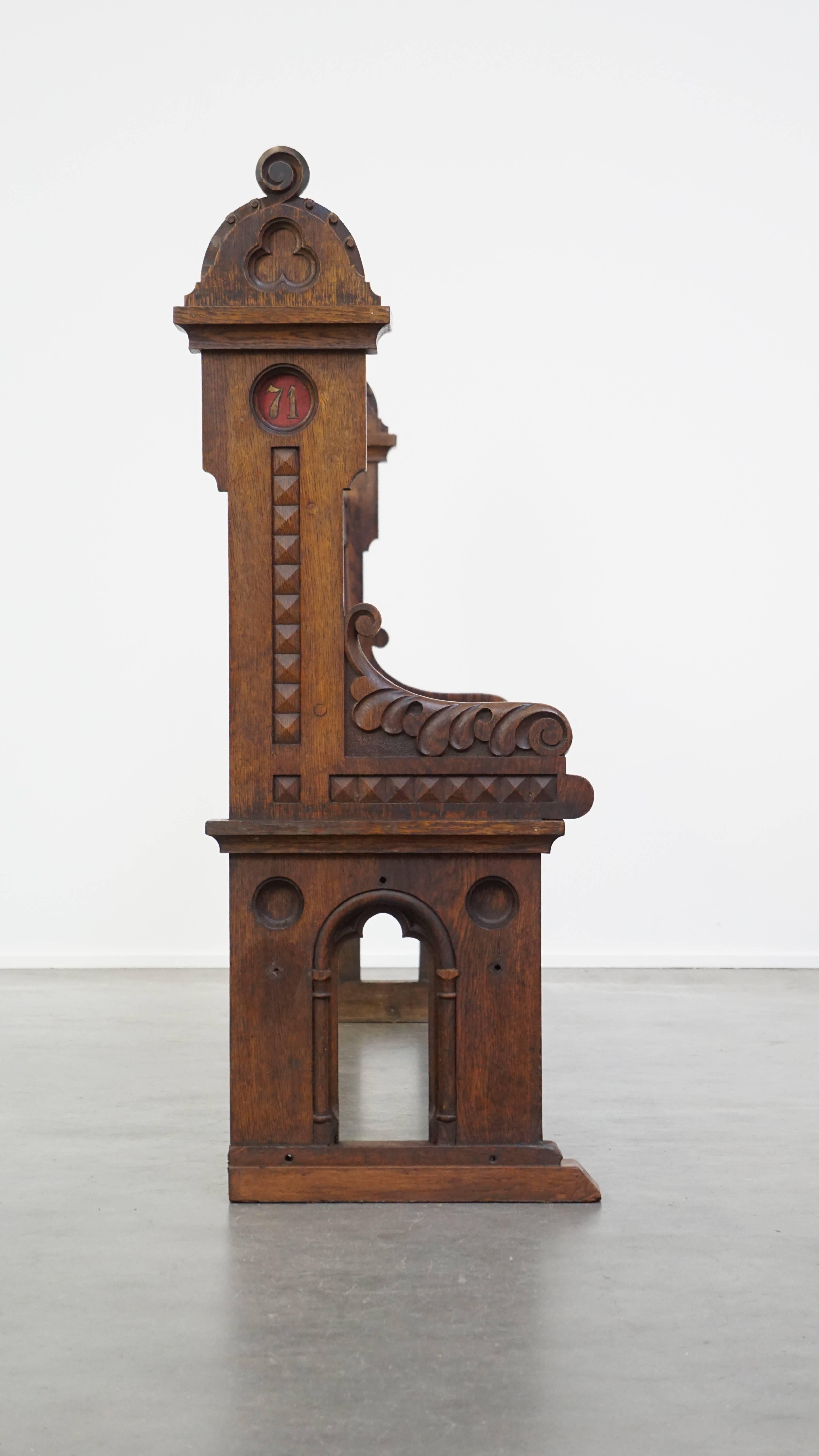 Hand-Crafted Great, beautifully carved 19th century antique oak church bench in Gothic style For Sale