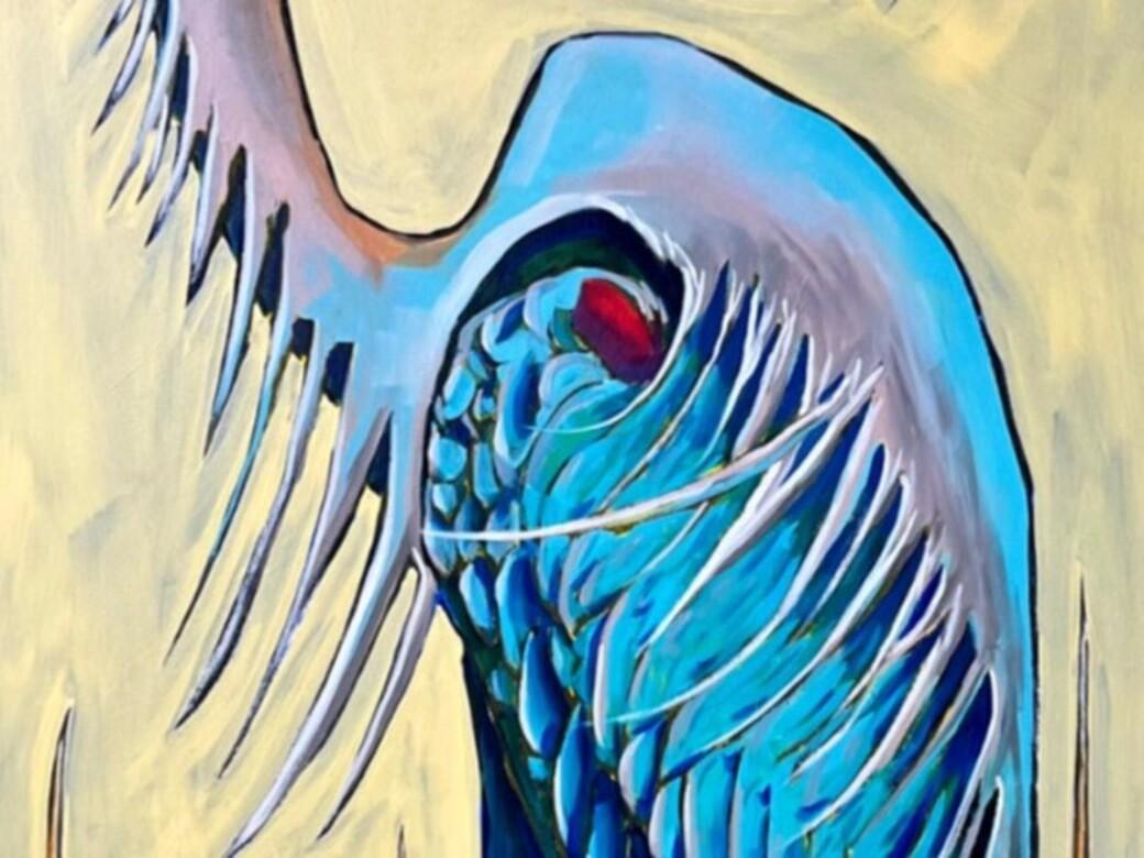 Garza azul, James Mattinson, 24x60, Óleo y pan de oro sobre lienzo de madera, 2024 Moderno orgánico en venta