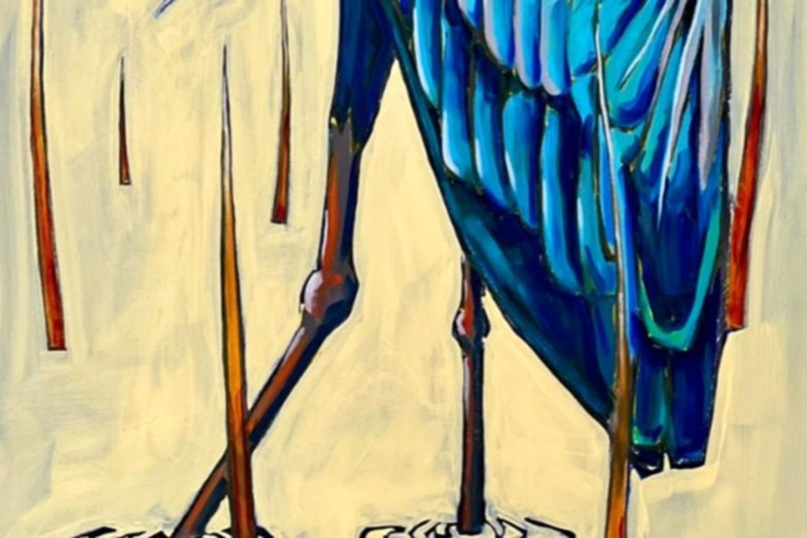 Garza azul, James Mattinson, 24x60, Óleo y pan de oro sobre lienzo de madera, 2024 Estadounidense en venta