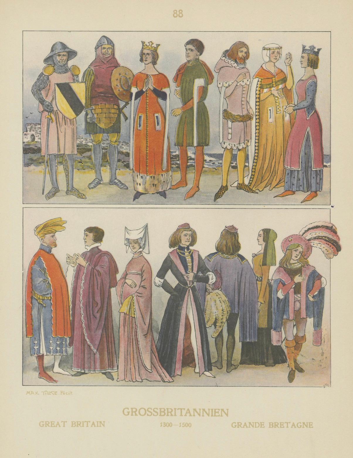 Great Britain 1300–1500 Costume Plate, Antique Hand-Colored Print, ca.1880