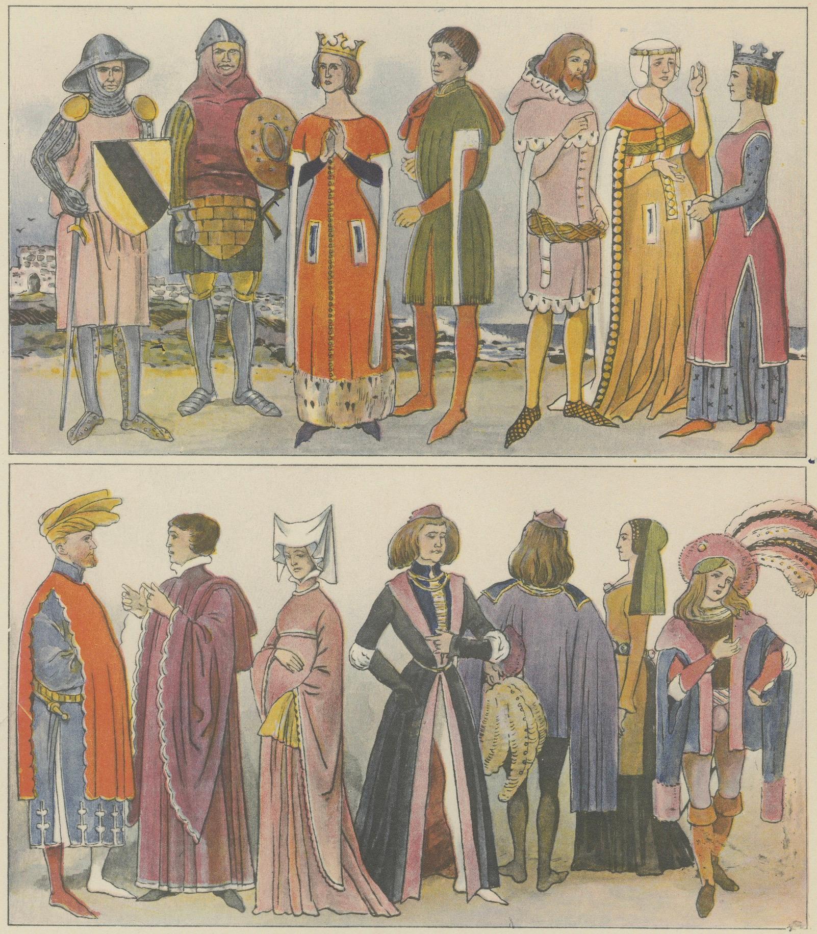 Great Britain 1300–1500 Costume Plate, Antique Hand-Colored Print, ca.1880