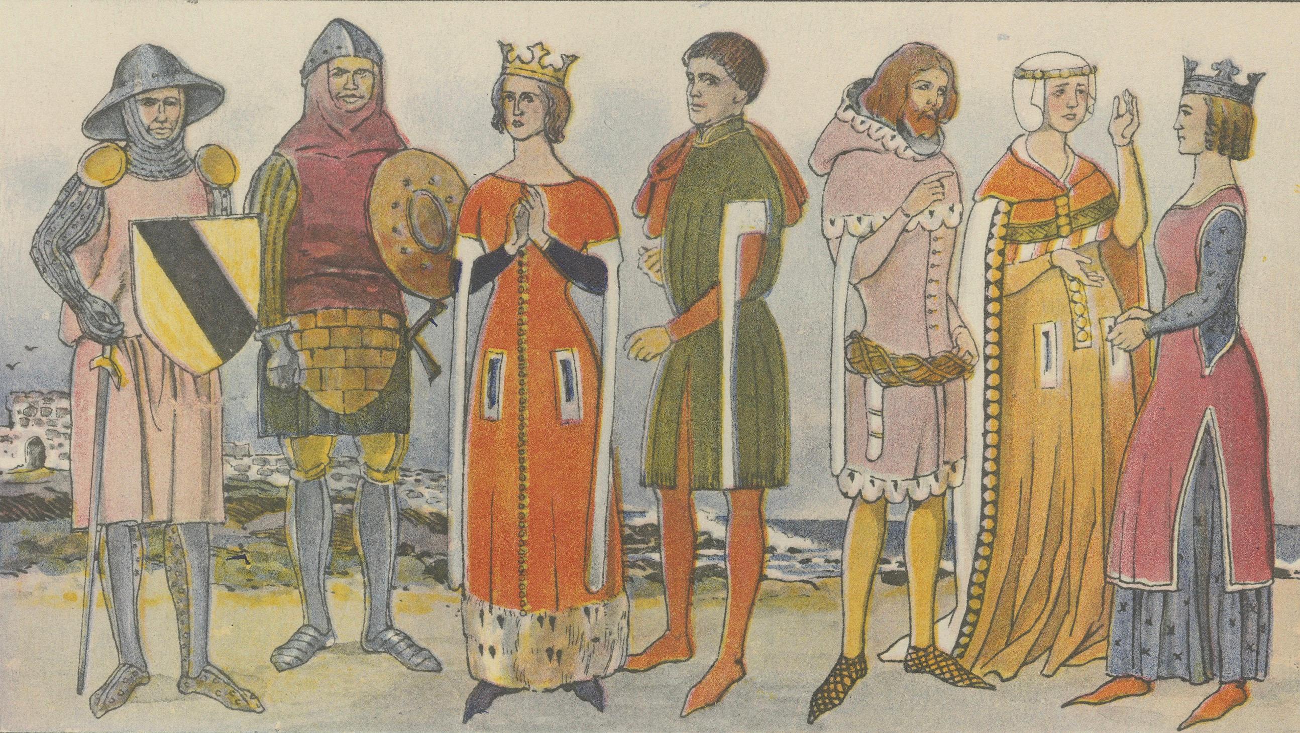 Great Britain 1300–1500 Costume Plate, Antique Hand-Colored Print, ca.1880