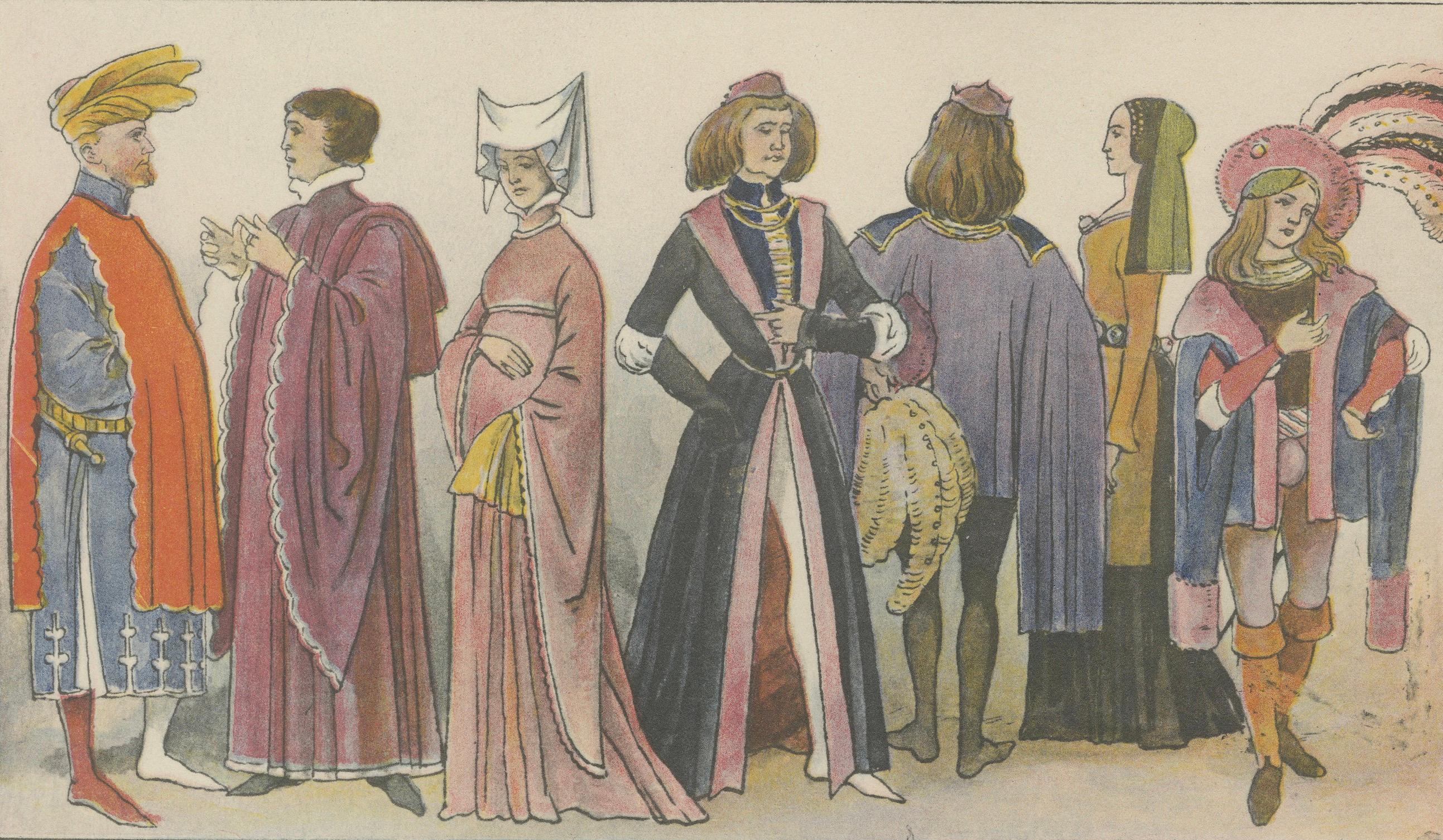 Great Britain 1300–1500 Costume Plate, Antique Hand-Colored Print, ca.1880