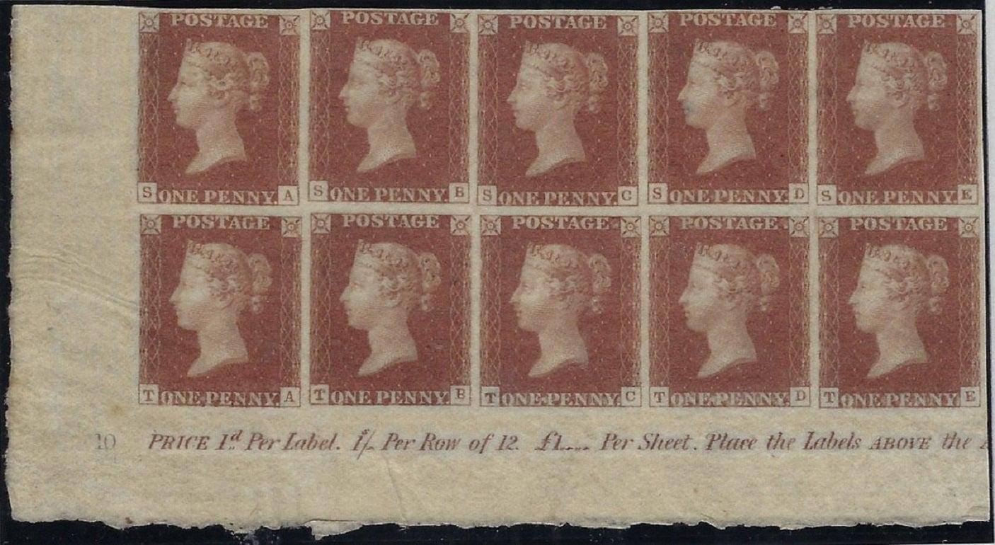 Great Britain 1841 1d red brown plate 10. A superb unused original gum four margin bottom left hand corner marginal plate block of ten lettered SA-TE, with full deckle edge selvedge, sheet inscription and plate number '10'. A magnificent and very