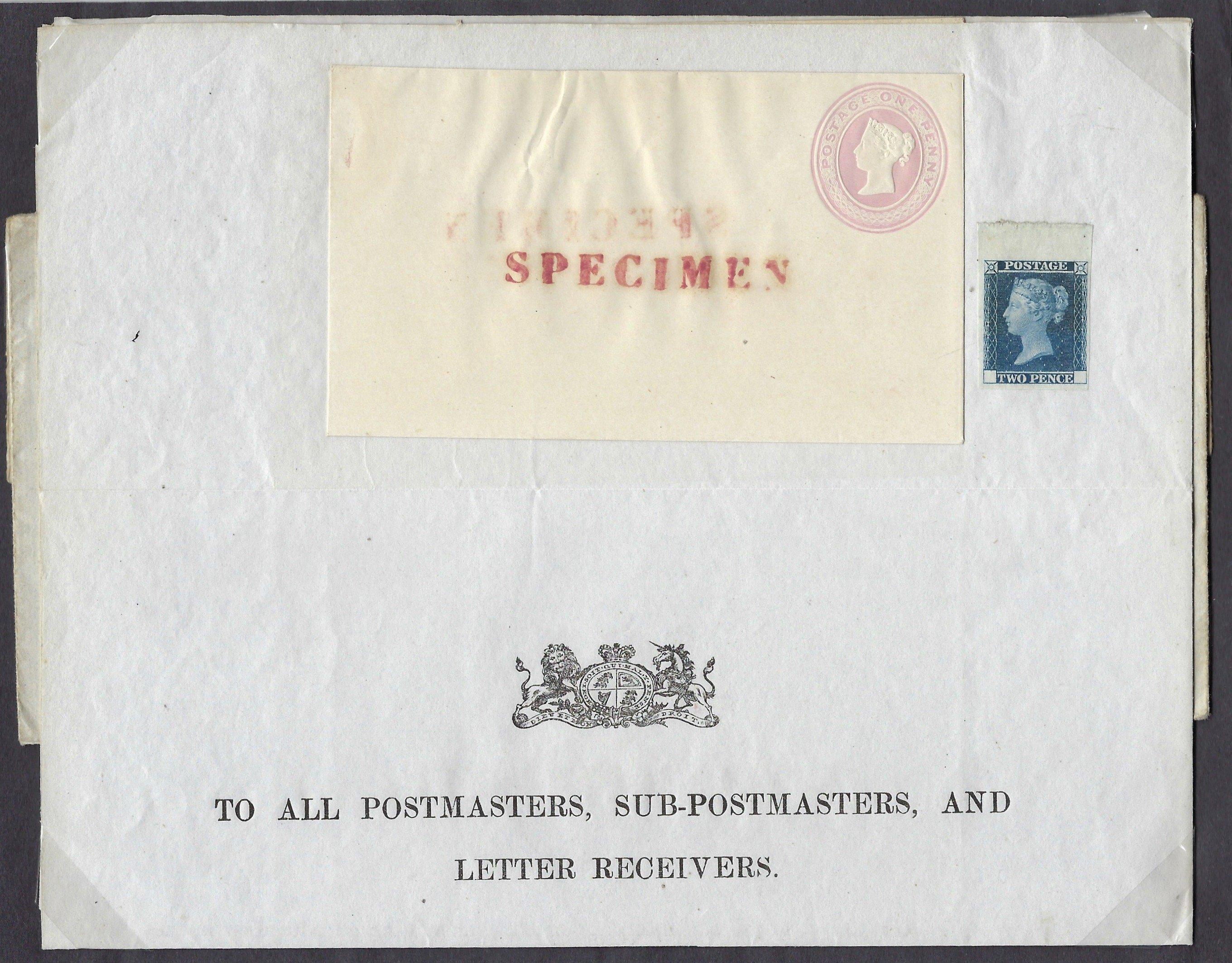 Great Britain 1841 Postal Notice. SGPN3. Very fine complete example bearing a 1d red brown PL10 and a top marginal 2d trial with blank corner letters (DP43) from the small trial plate of twelve, together with two 1d pink envelopes in different sizes