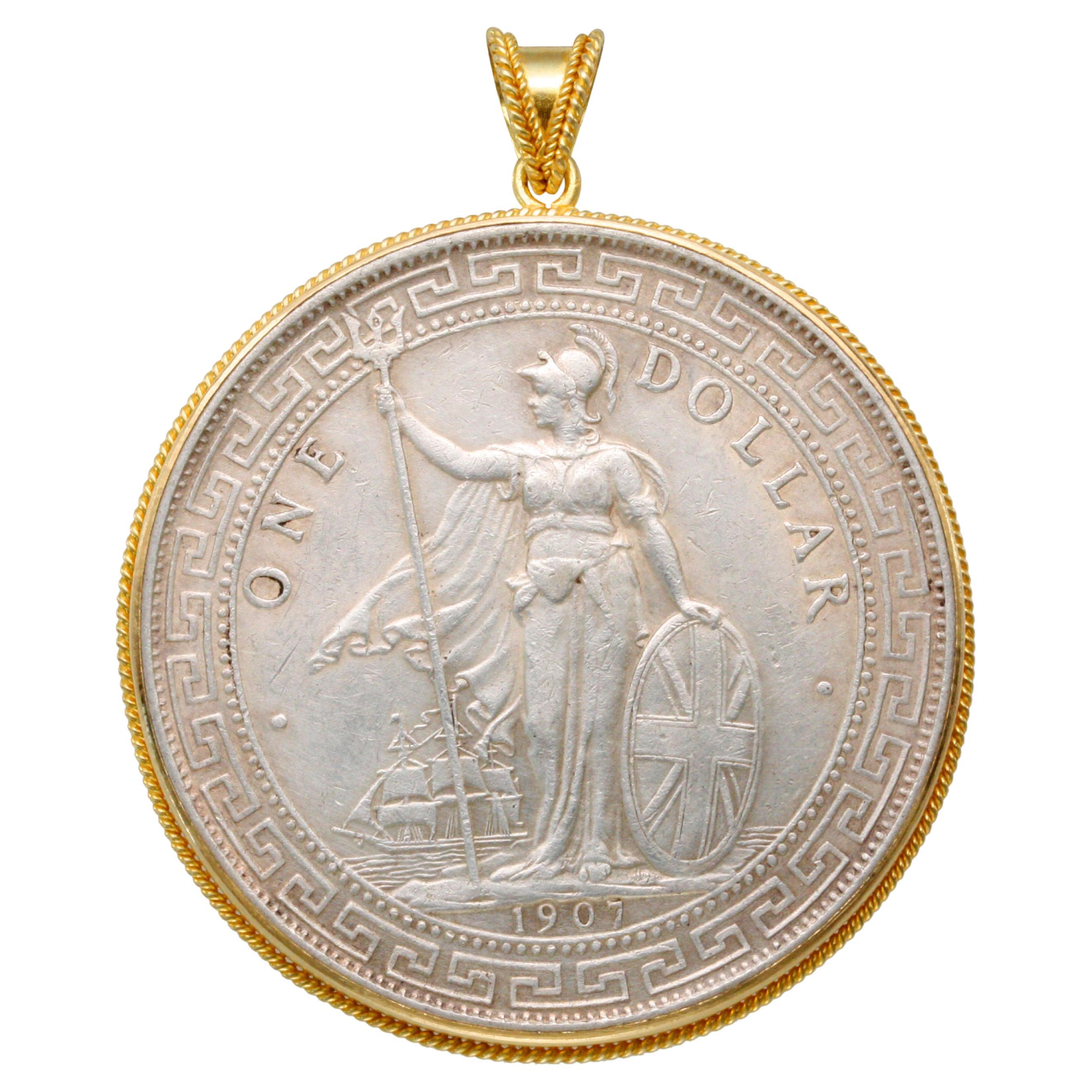 Great Britain 1907 Silver Trade Dollar Coin 18K Gold Pendant