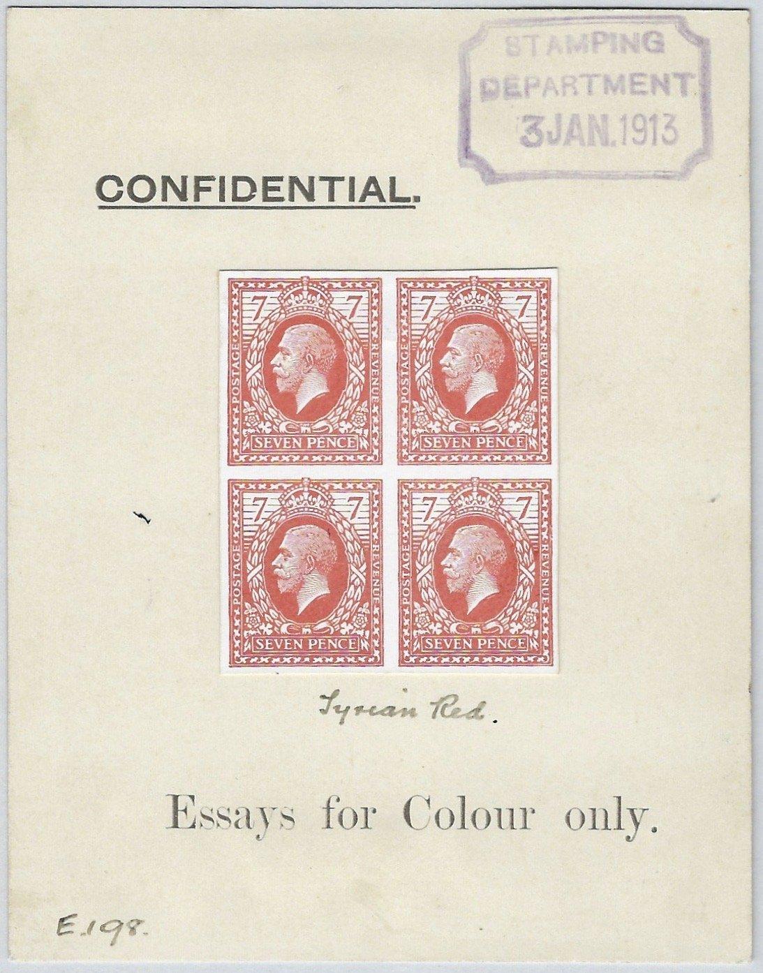 Great Britain 1913 7d Eve's Wreath design colour essays. SG387var. Very fine ungummed imperforate block of four essays (Fig 30a) in tyrian red on white unwatermarked card mounted on thick card (88x103mm). Showing 