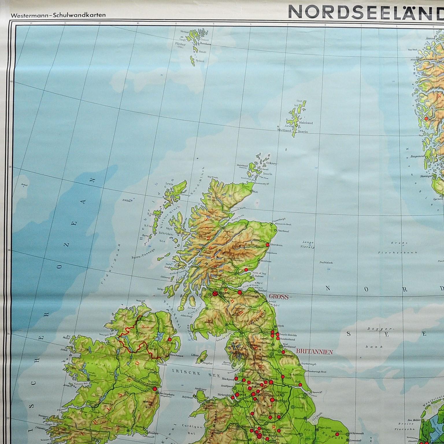 The vintage pull-down cottagecore mural map illustrates the North Sea countries with Great Britain and Ireland, Scandinavia (Norway, Sweden, Denmark), Northern France, the Netherlands, Northern Germany. A great scroll picture in vintage look for all