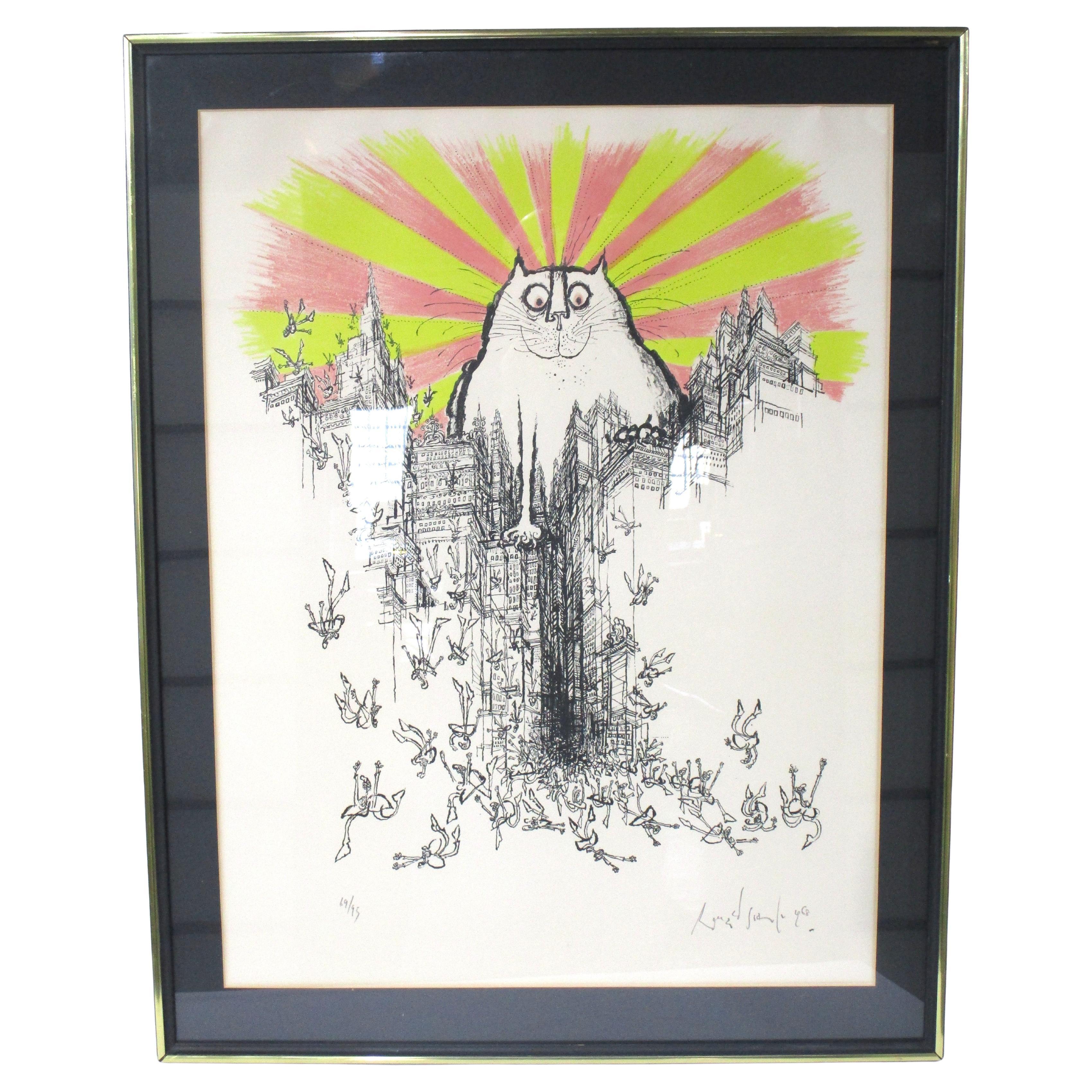 Ronald Searle "Gran Dios Gato " Litografía años 70 Artista firmada y numerada