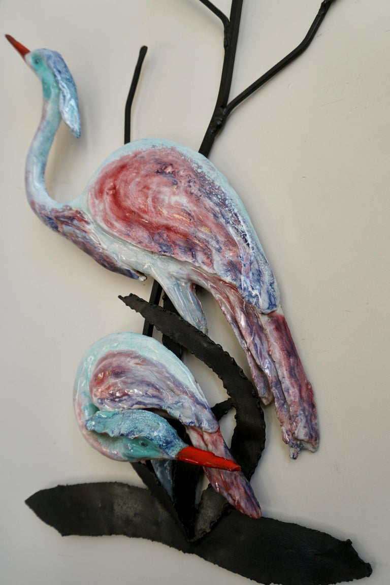 Italian Great Ceramic Heron Birds Wall Art Décor For Sale