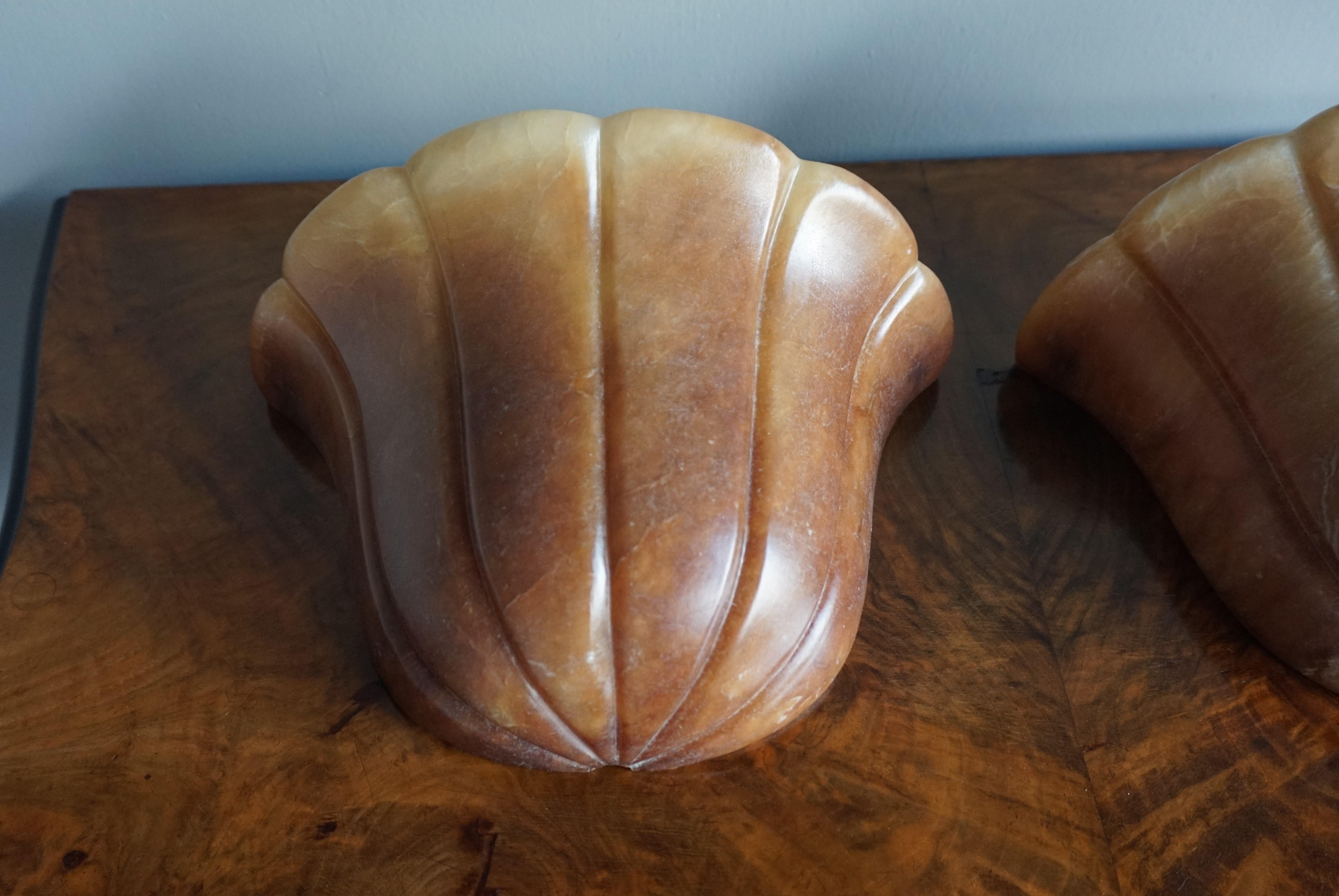 20th Century Great Color Flower Design Pair of Hand Carved Alabaster Wall Sconces / Up Lights For Sale