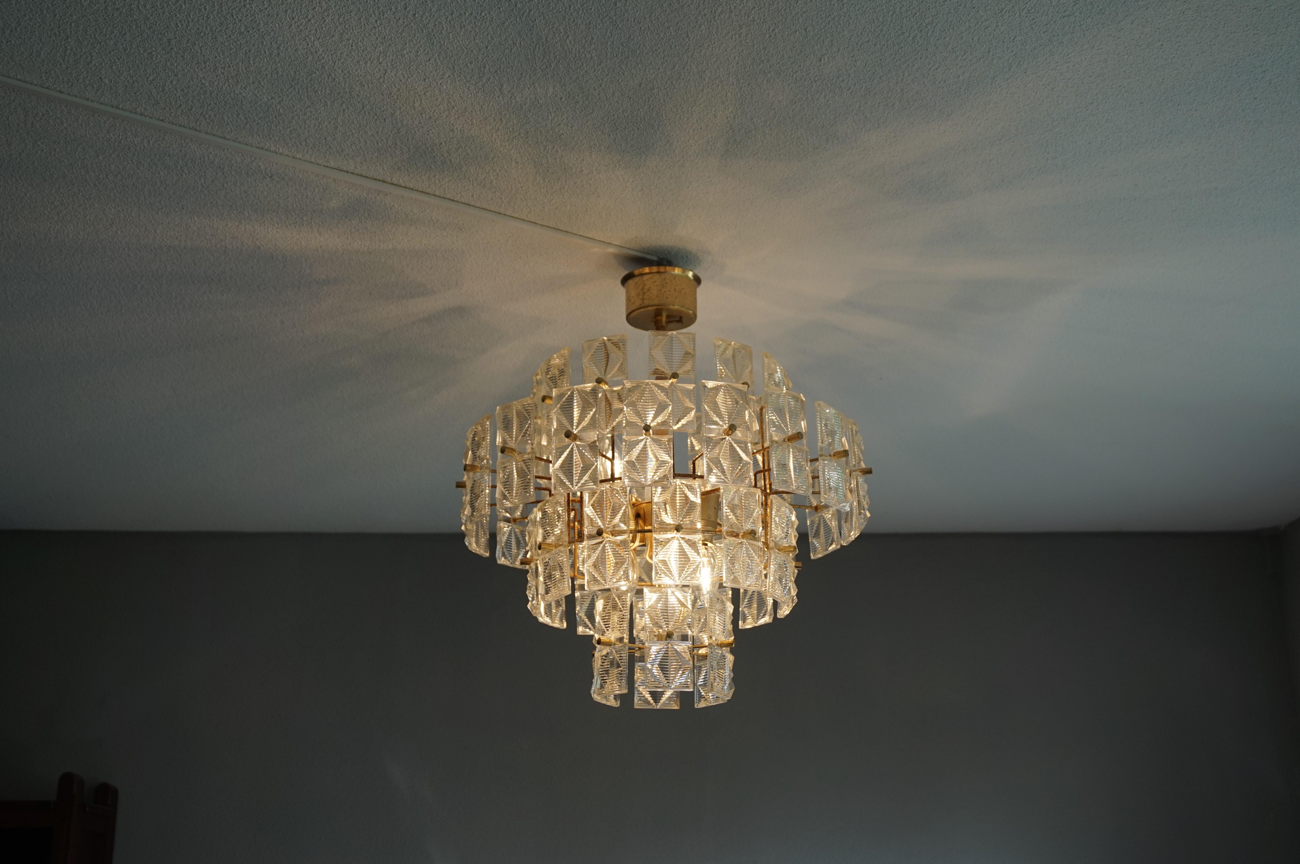 Great Design and Practical Size Midcentury Modern Glass and Brass Pendant Light For Sale 6