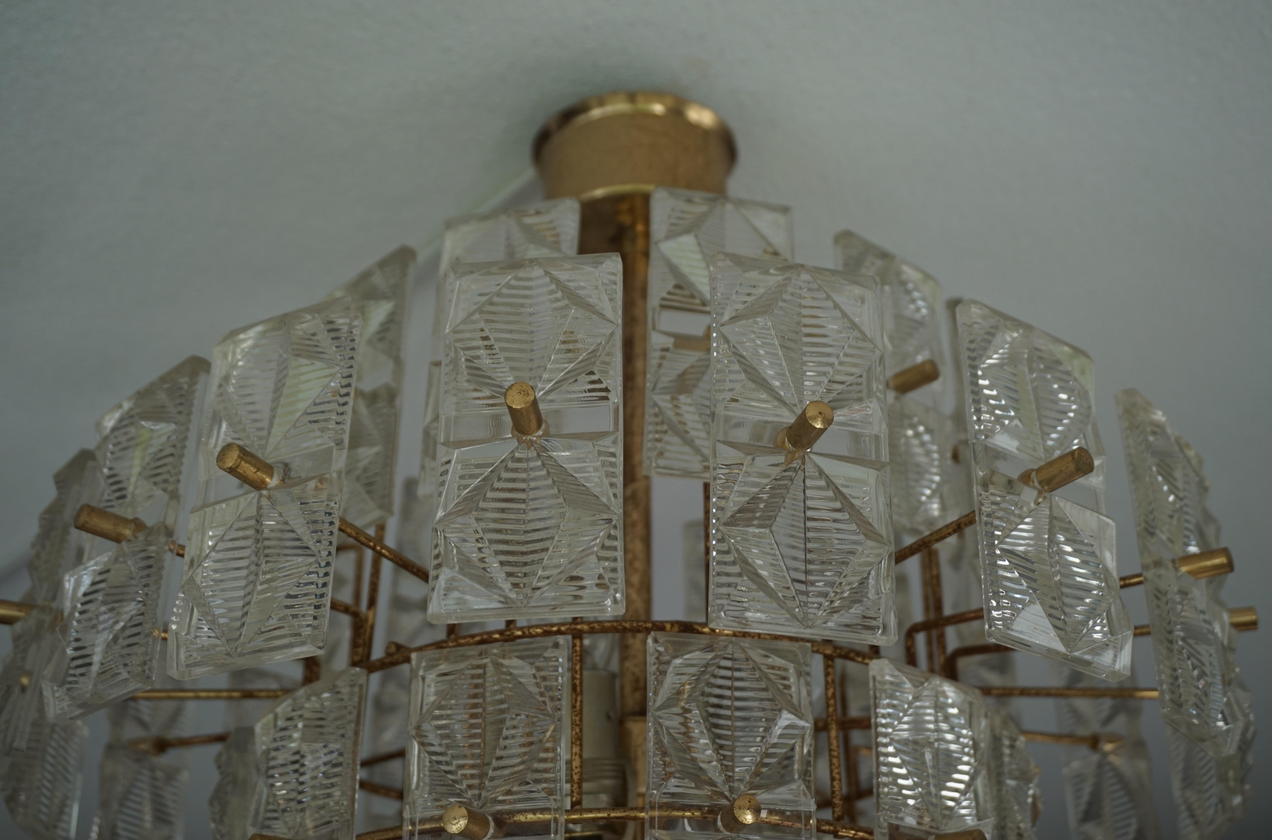 20th Century Great Design and Practical Size Midcentury Modern Glass and Brass Pendant Light For Sale