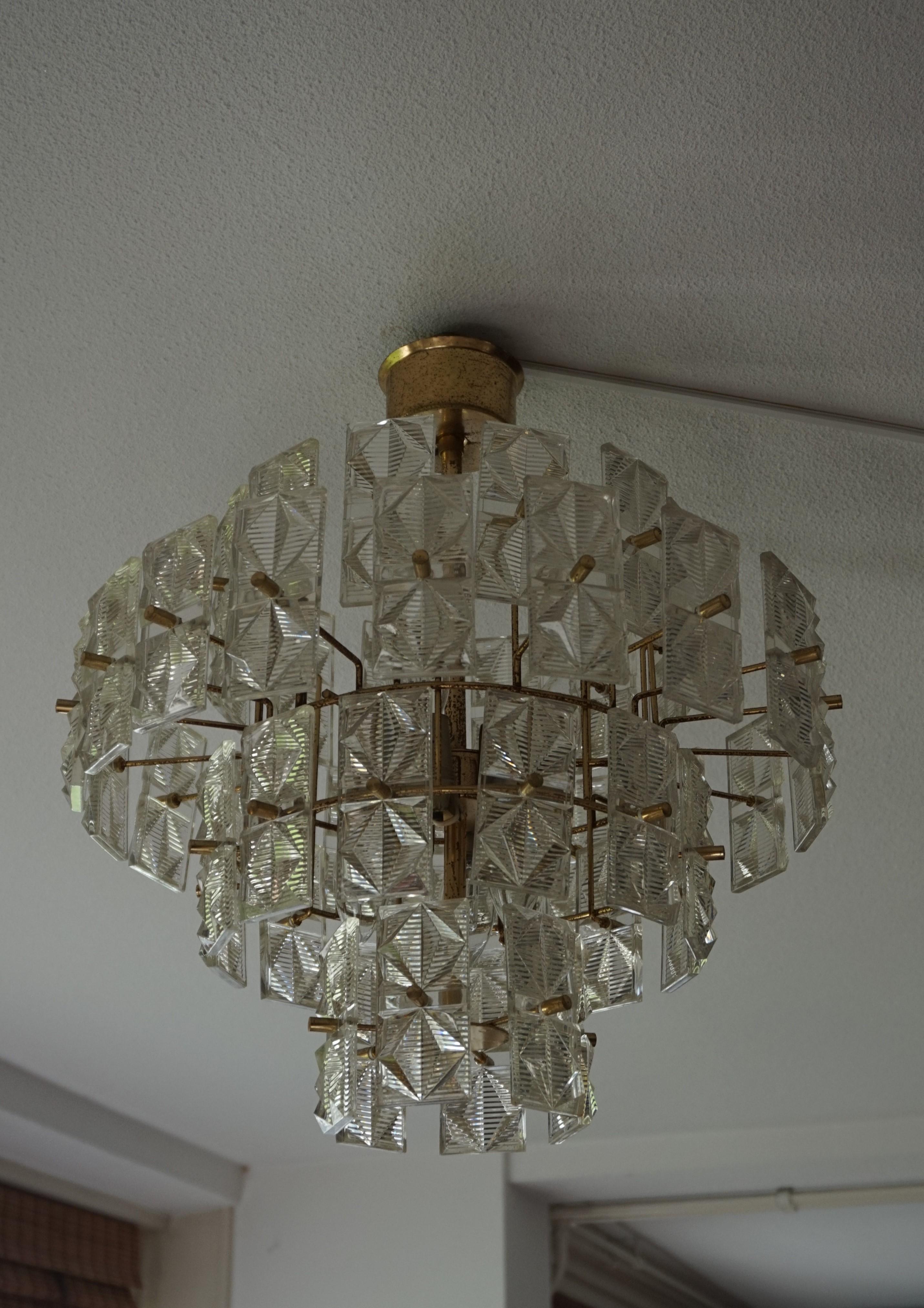 Great Design and Practical Size Midcentury Modern Glass and Brass Pendant Light For Sale 2