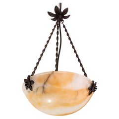 Great Design Art Decò Orange and White Alabaster Chandelier, 1950
