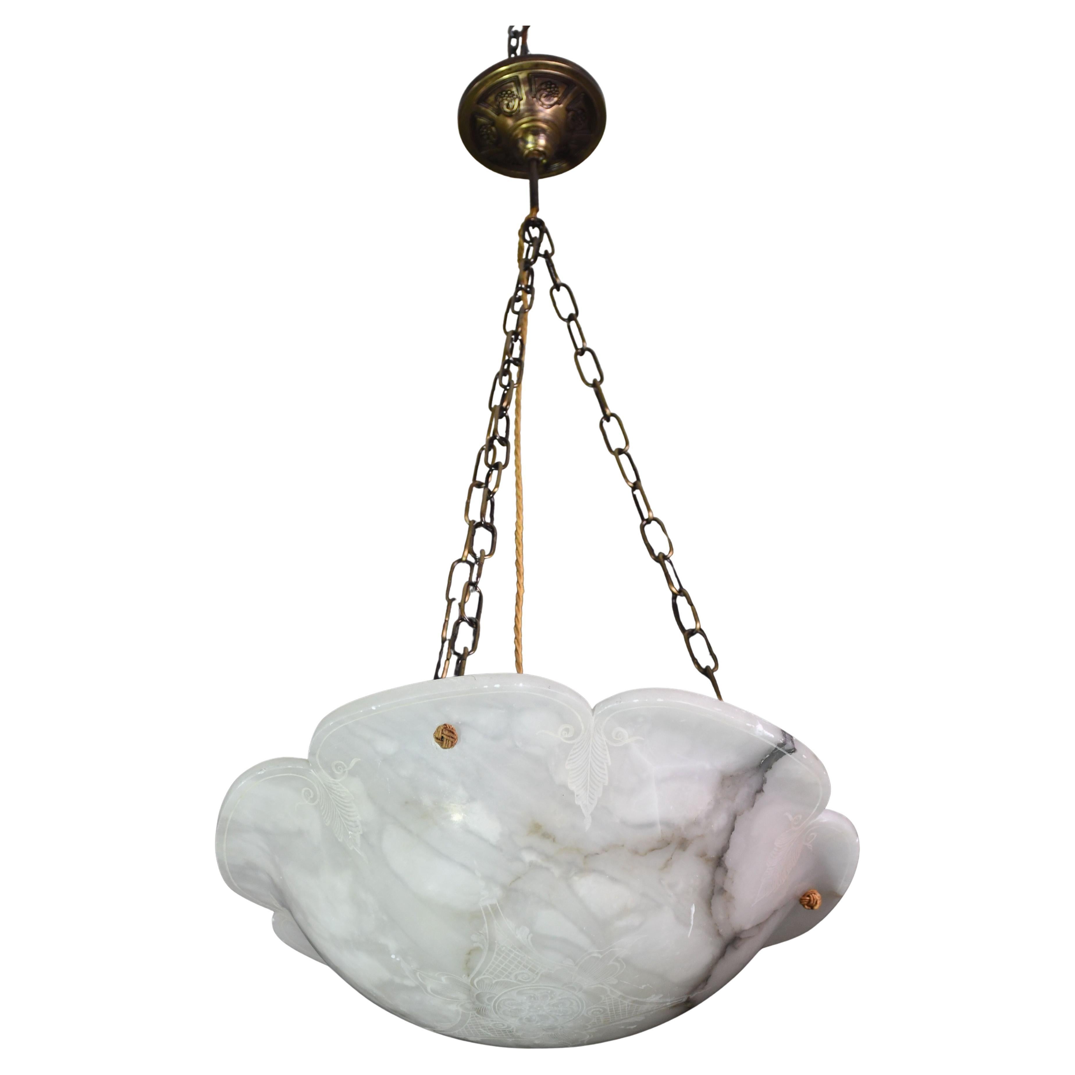 Great Design Extra Large Size Art Deco White Alabaster Chandelier, 1950s For Sale