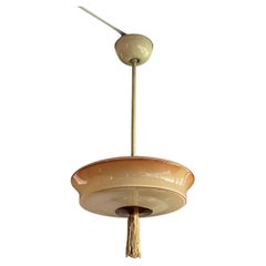 Great Design Mid-Century Modern Glass and Brass Pendant Light Fixture, 1950s