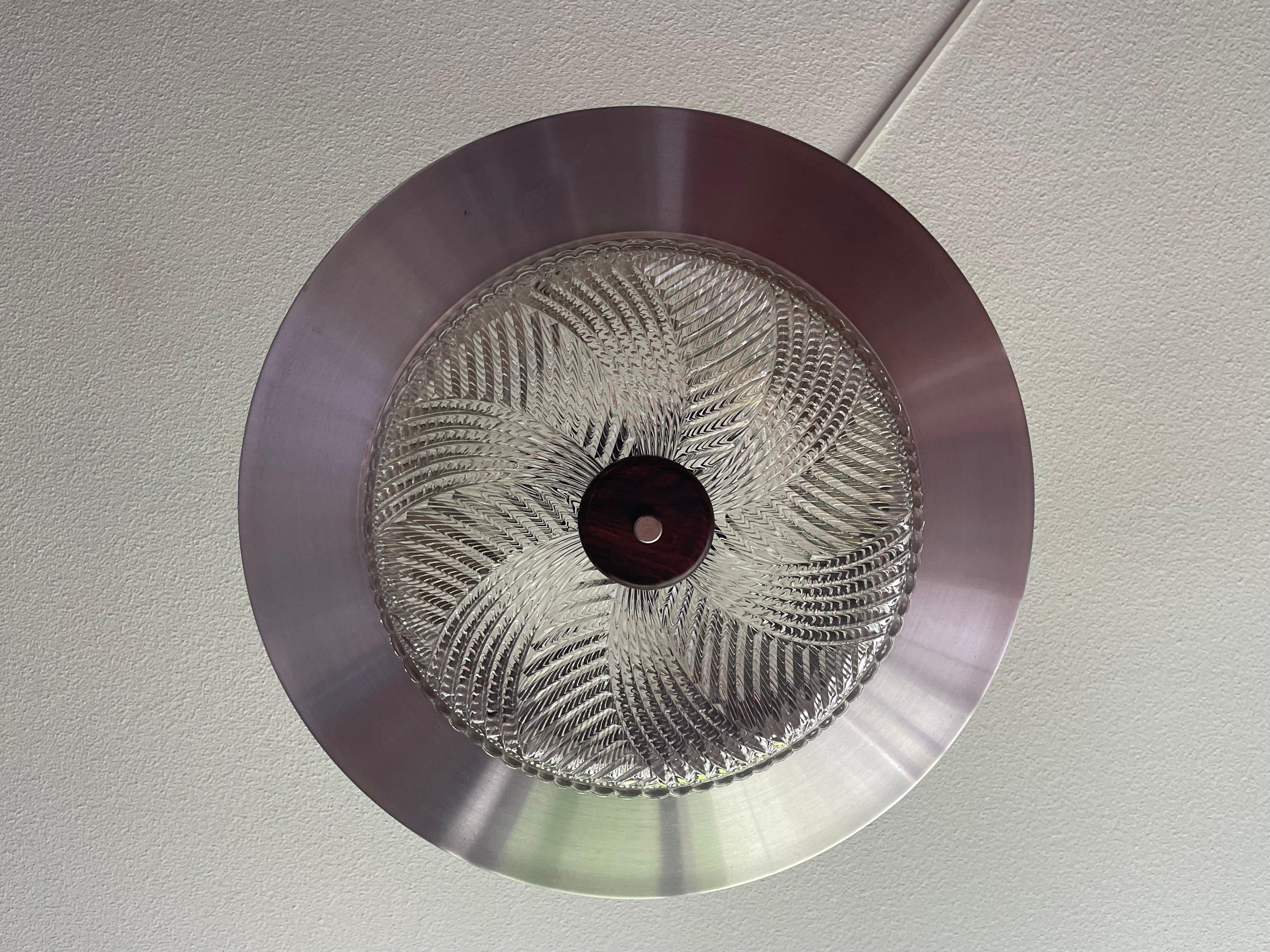Great Design Modern Mid-Century Glass & Brass & Wood Suspension Light Fixture 1970 (luminaire suspendu en verre, laiton et bois) 1