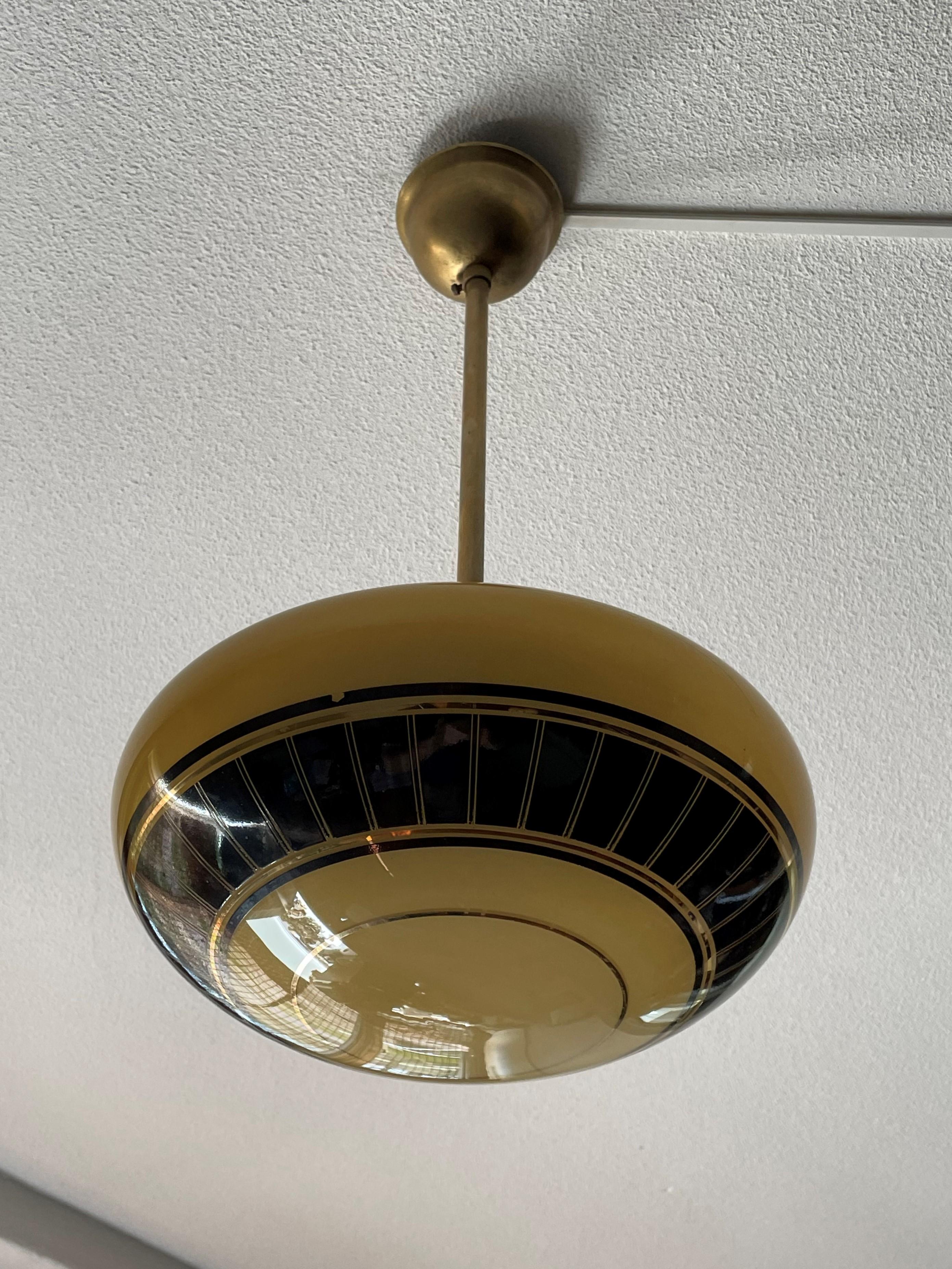 Great Design Mid-Century Modern Glass and Brass Pendant Light Fixture, 1950s 11