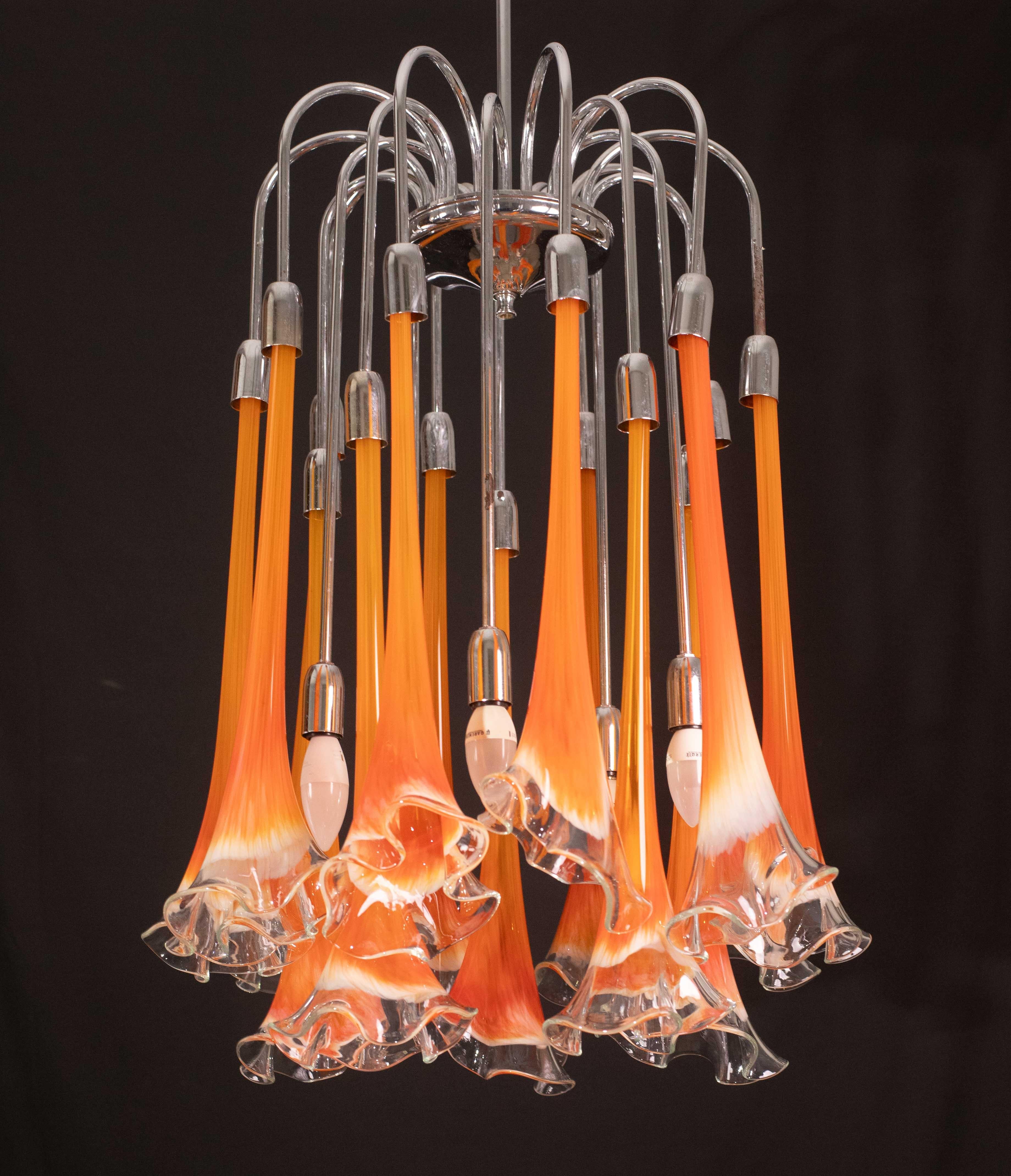 Great Design Murano Glass Orange Chandelier “Calle” by Venini, 1970 For Sale 6