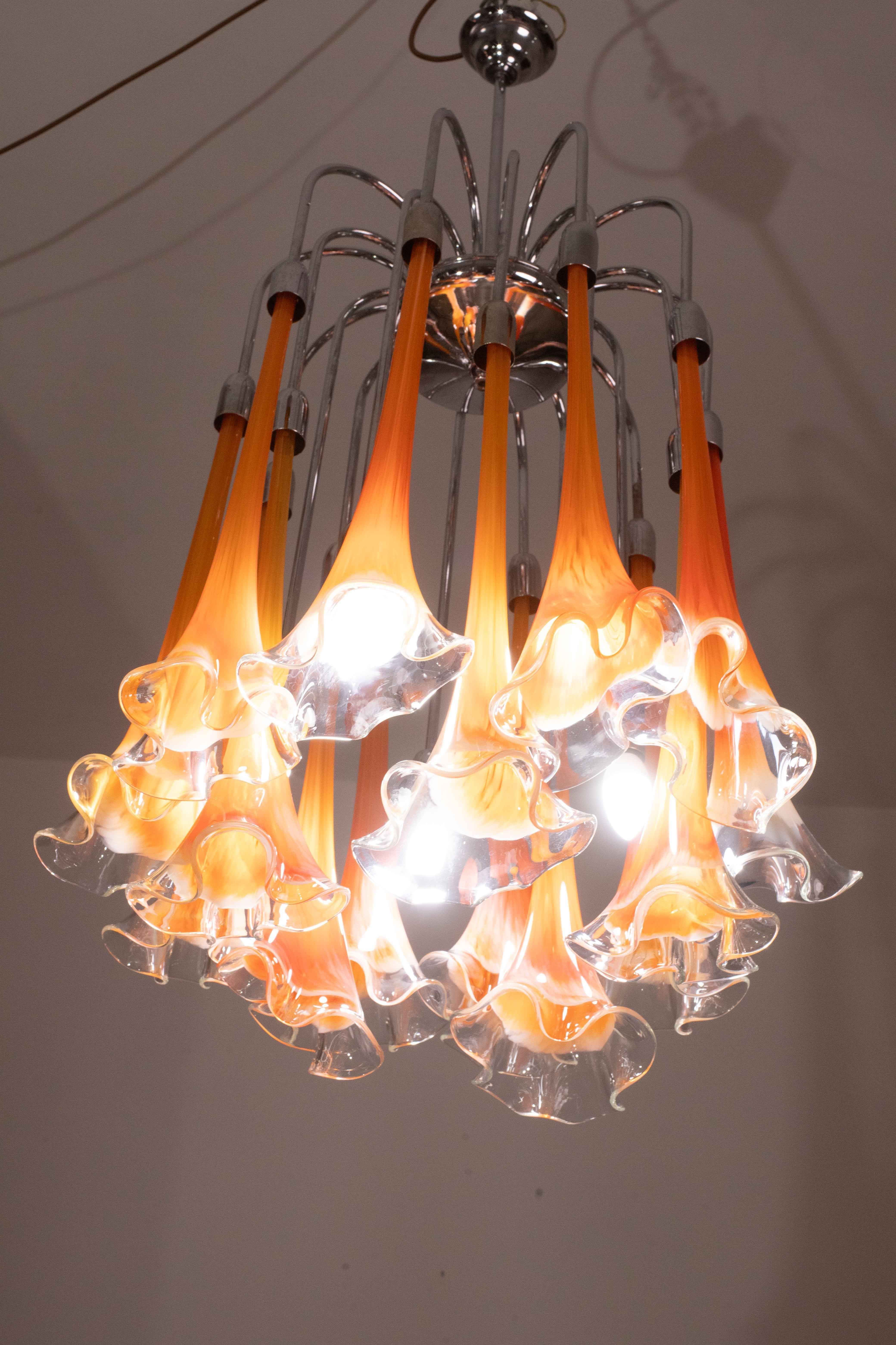 Great Design Murano Glass Orange Chandelier “Calle” by Venini, 1970 For Sale 7