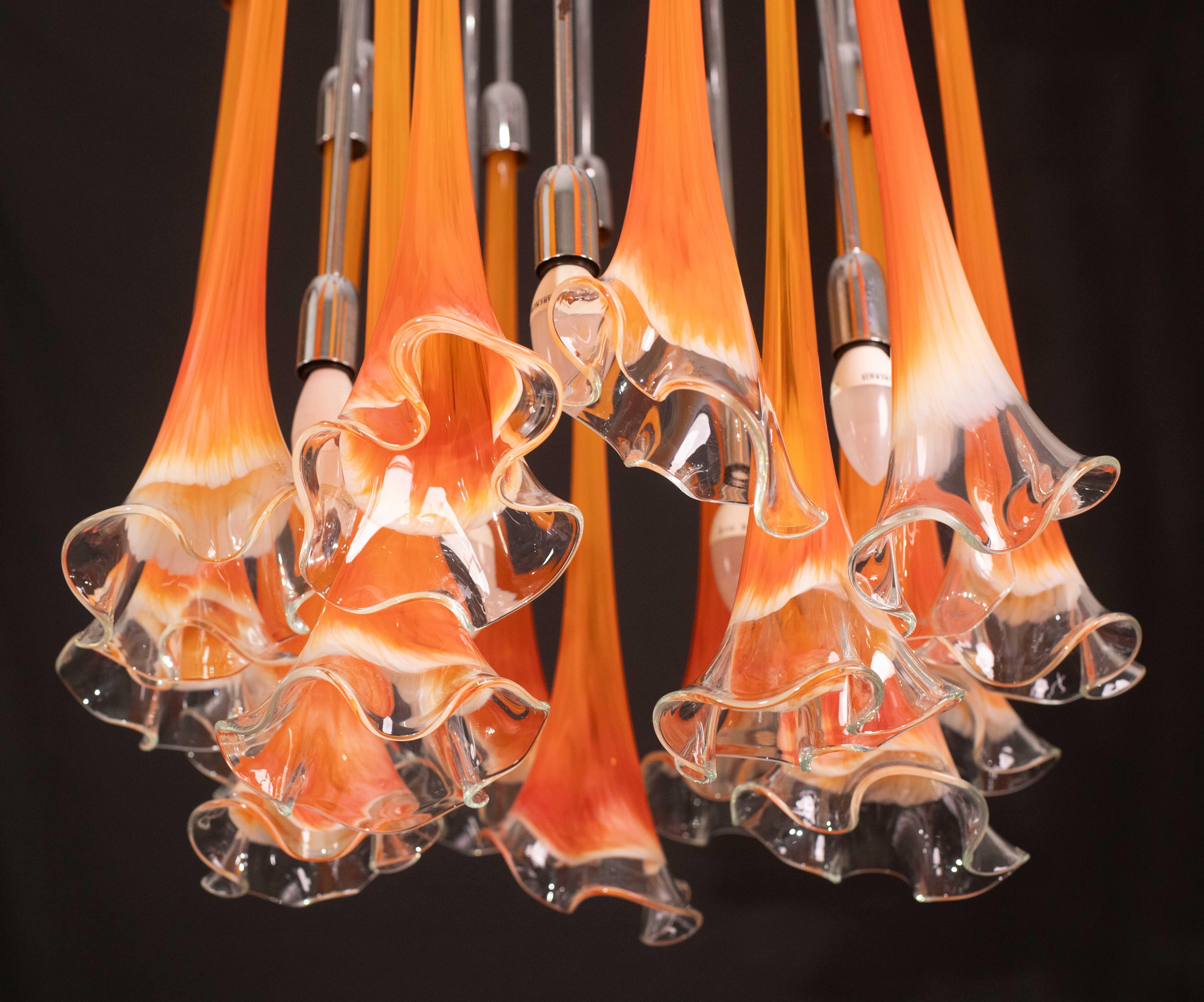 Great Design Murano Glass Orange Chandelier “Calle” by Venini, 1970 For Sale 8