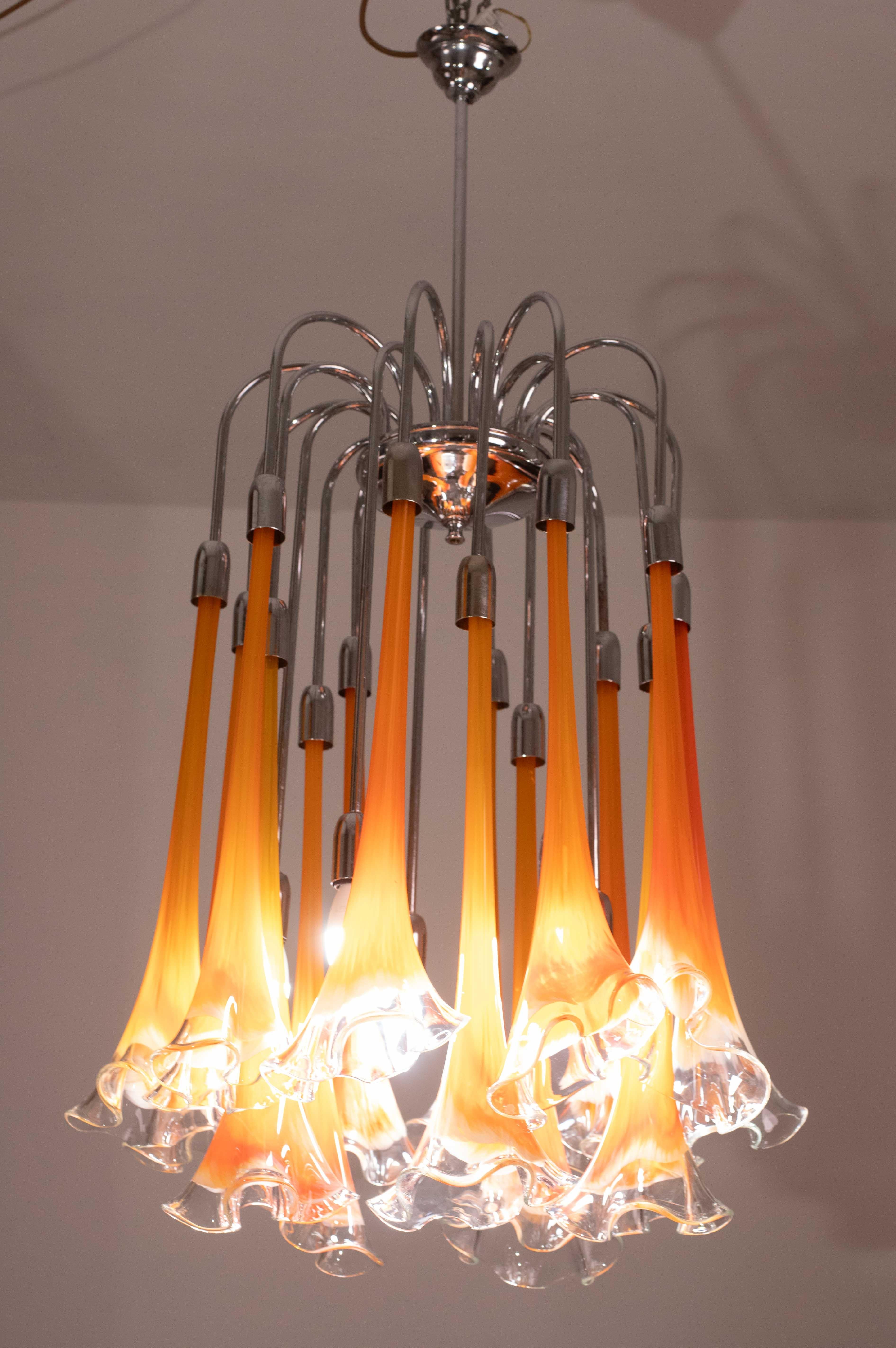 Great Design Murano Glass Orange Chandelier “Calle” by Venini, 1970 For Sale 10