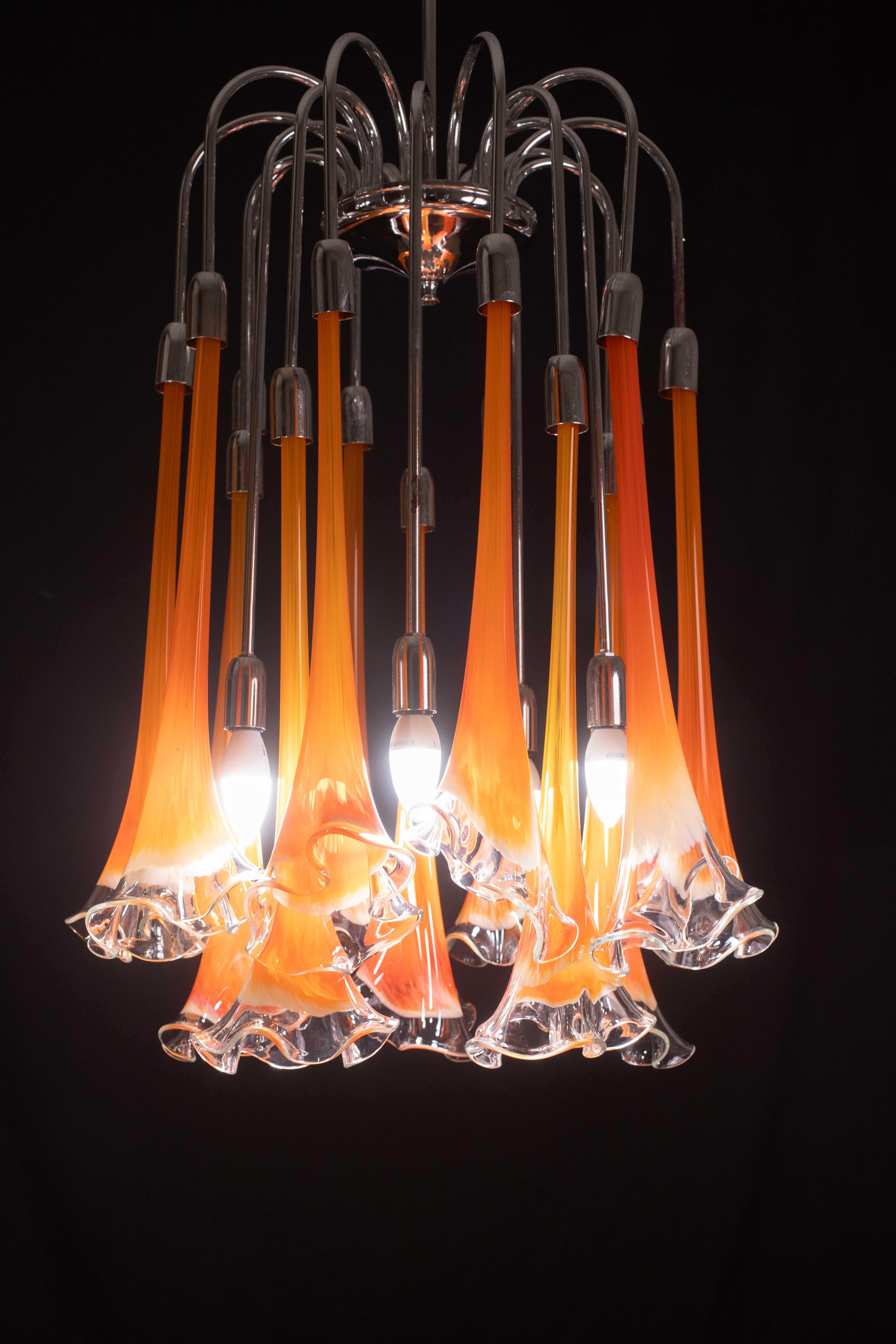 European Great Design Murano Glass Orange Chandelier “Calle” by Venini, 1970 For Sale