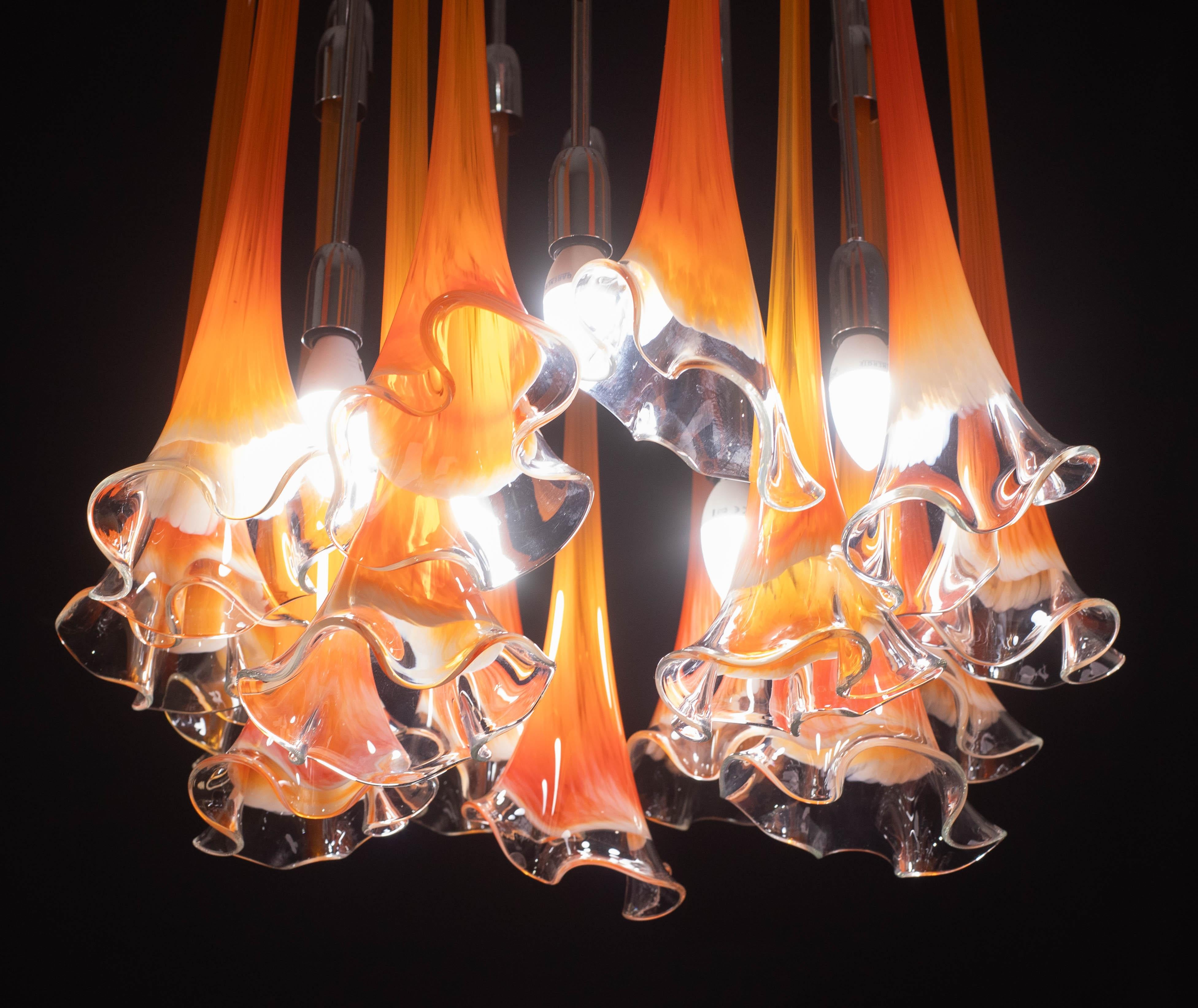 Late 20th Century Great Design Murano Glass Orange Chandelier “Calle” by Venini, 1970 For Sale