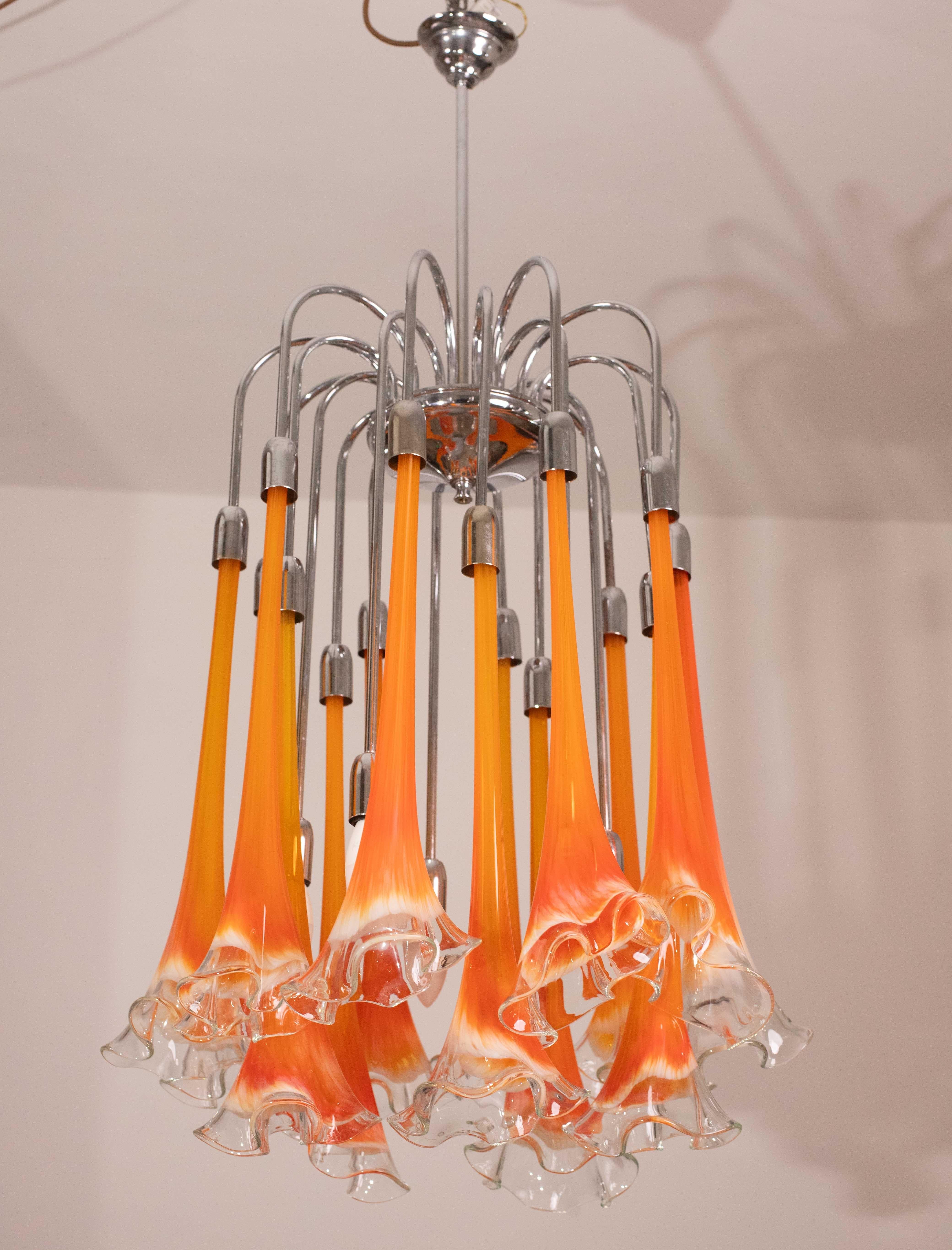 Great Design Murano Glass Orange Chandelier “Calle” by Venini, 1970 For Sale 3