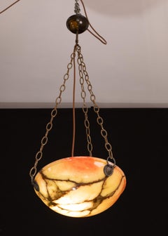 Great Design Red and Orange Art Deco White Alabaster Chandelier, 1940s