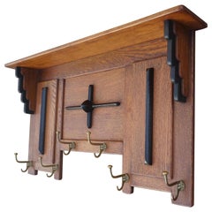 Great Design & Superb Condition Dutch Arts & Crafts Oak and Brass Wall Coat Rack