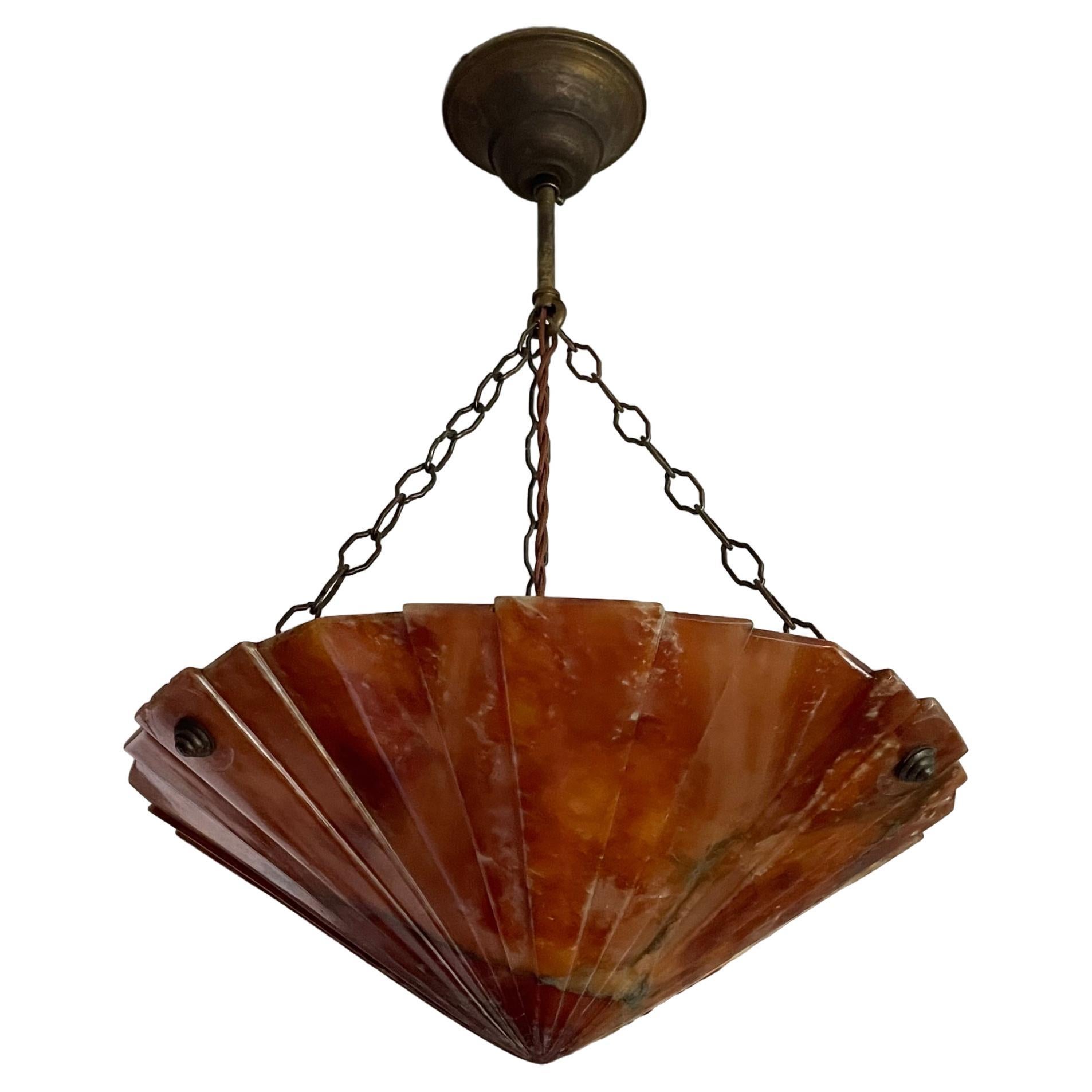 Great Geometrical Art Deco Design & Hand Carved Alabaster Pendant & Brass Canopy For Sale