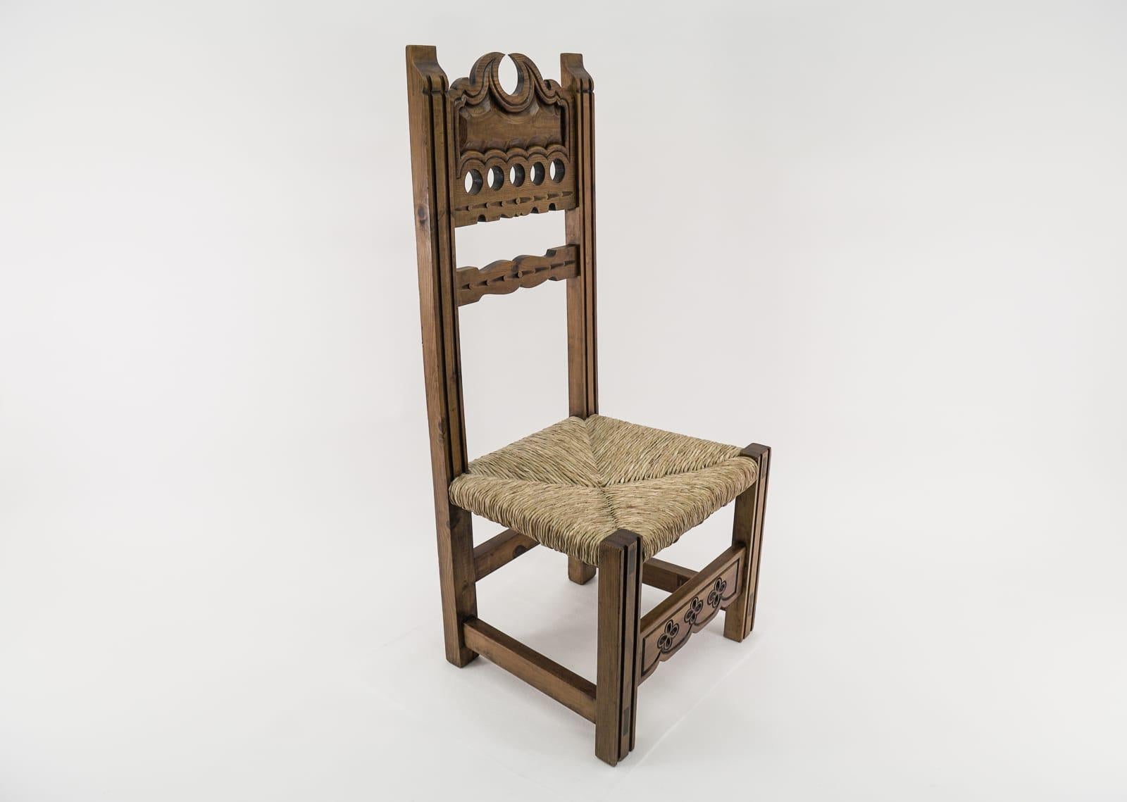 French Provincial Great Hand Carved Wooden High Back Chair with Sea Grass Seat from Spain, 1960s  For Sale