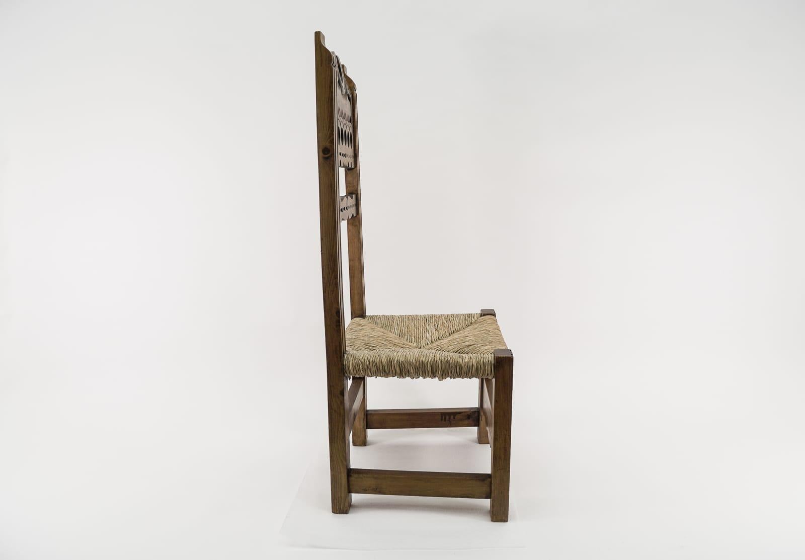 Spanish Great Hand Carved Wooden High Back Chair with Sea Grass Seat from Spain, 1960s  For Sale